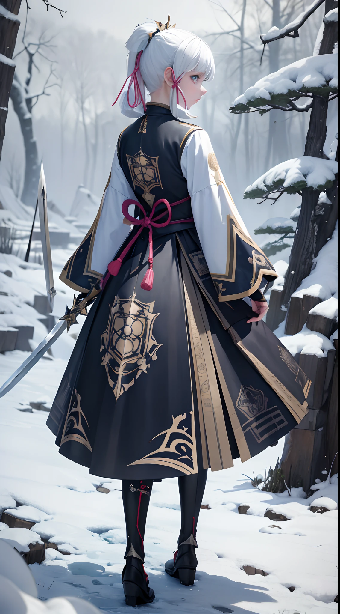 Masterpiece, Best quality, 1 girl, White hair, Innocent, Blue eyes, full body, arms back behind, sky, forest, Serious look, winter, blizzard, perfect hands, intricate details, sword