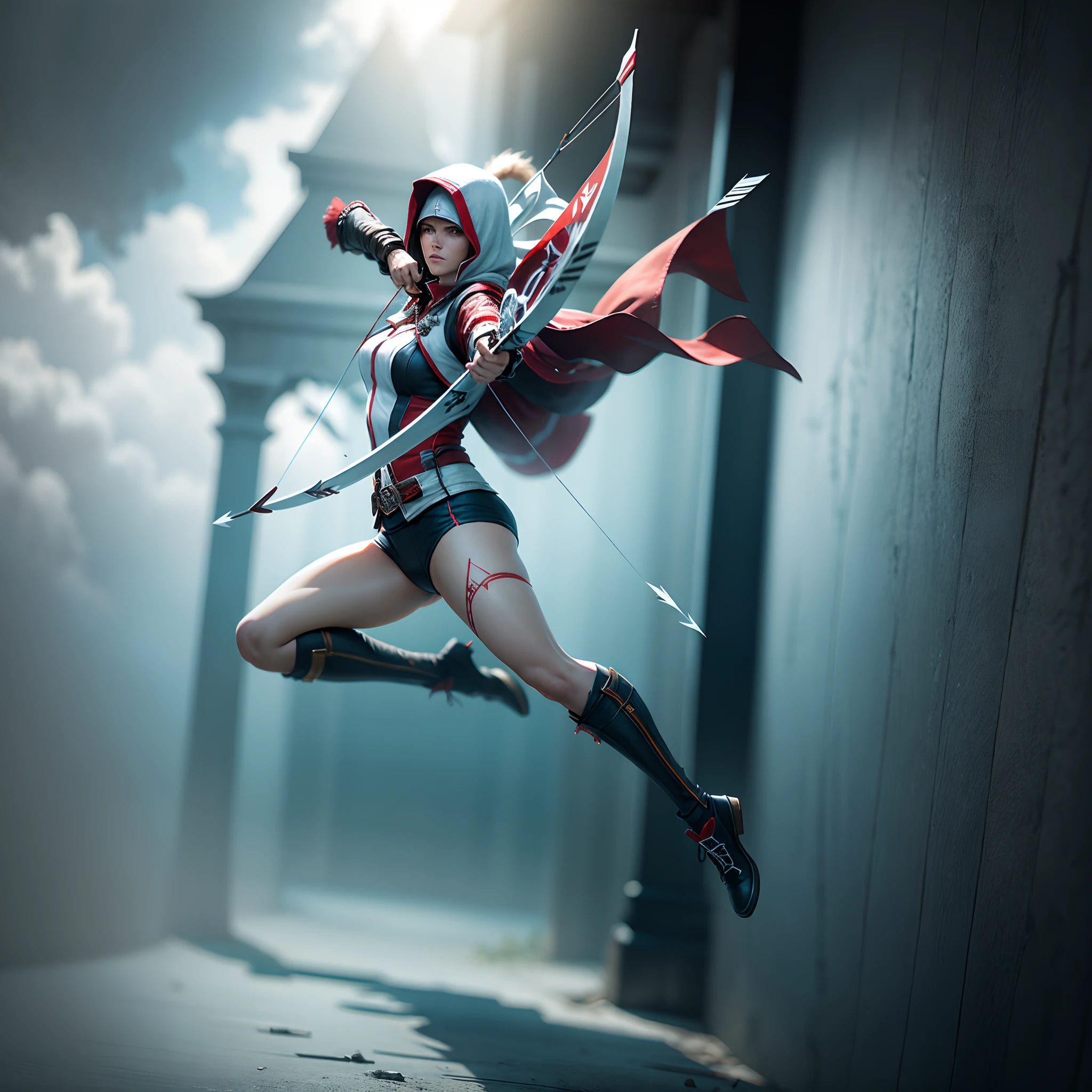 woman jumping in the air holding an arrow bow, (((perfect arrow bow))), wearing clothes from the game Assassin's Creed, looking at the target, medieval background, perfect image, detailed image, 4k, perfect render,