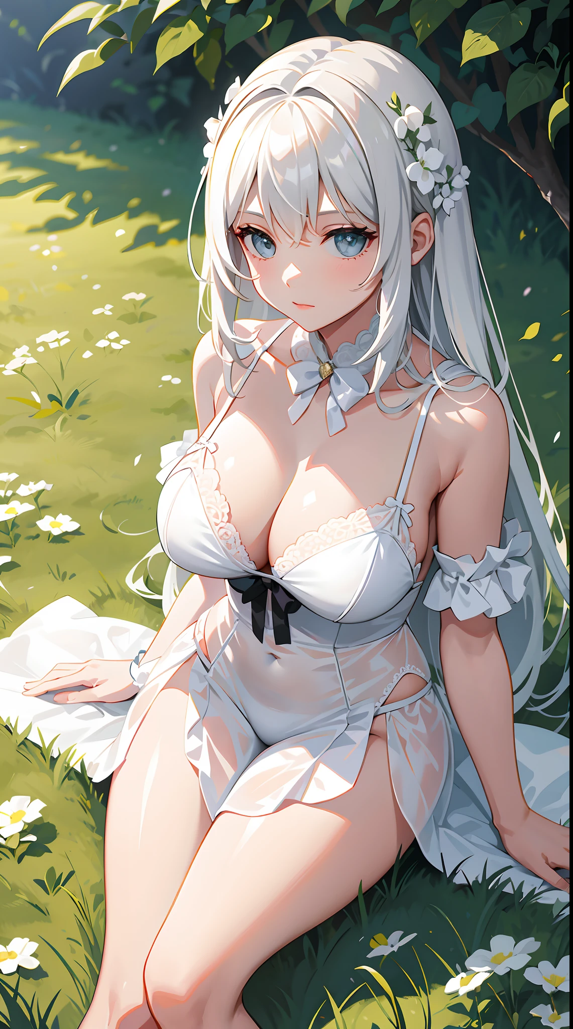 A girl wearing white lace lingerie，Exposing thighs，Sit on grass，Big chest，Perfect hands