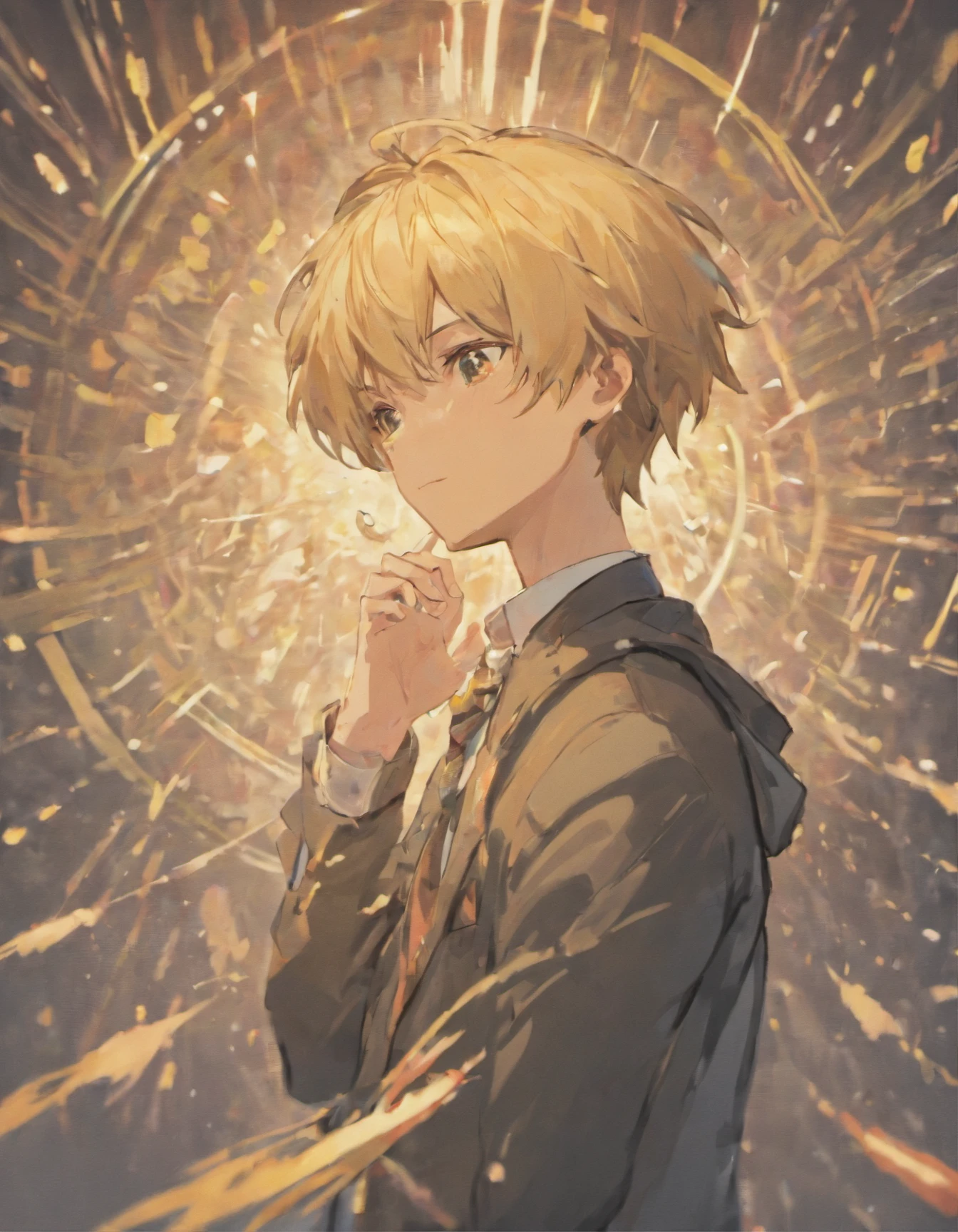 Best picture quality, masterpiece, heavy acrylic, pen touch, film screenshots, avatar, portrait, blonde hair, suit, young man, apathy, anime, pixiv