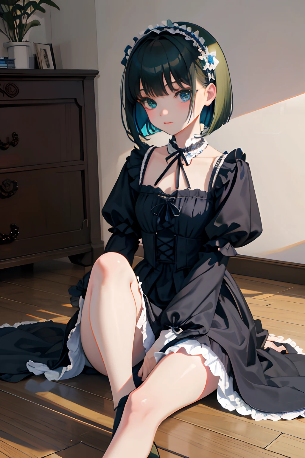 Holding your knees,sitting down on the floor,child,(masterpiece,Highest Quality),Blue-green Gothic ta,A dark-haired,Medium bob