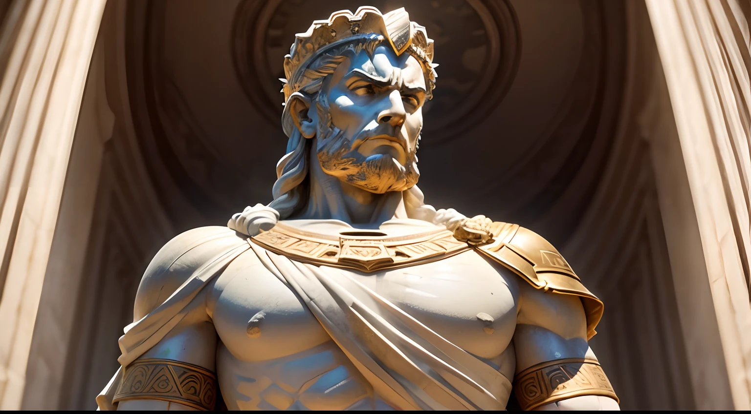 Strong Stoic statue, with an expression of anger, Wearing tunic of the ancient Roman emperor, 35 mm, lateralmente, Filmado em Sony A7S III com Sony FE 35mm f/1.8, 12.1 MP, --AR 3:2 --estilo cru