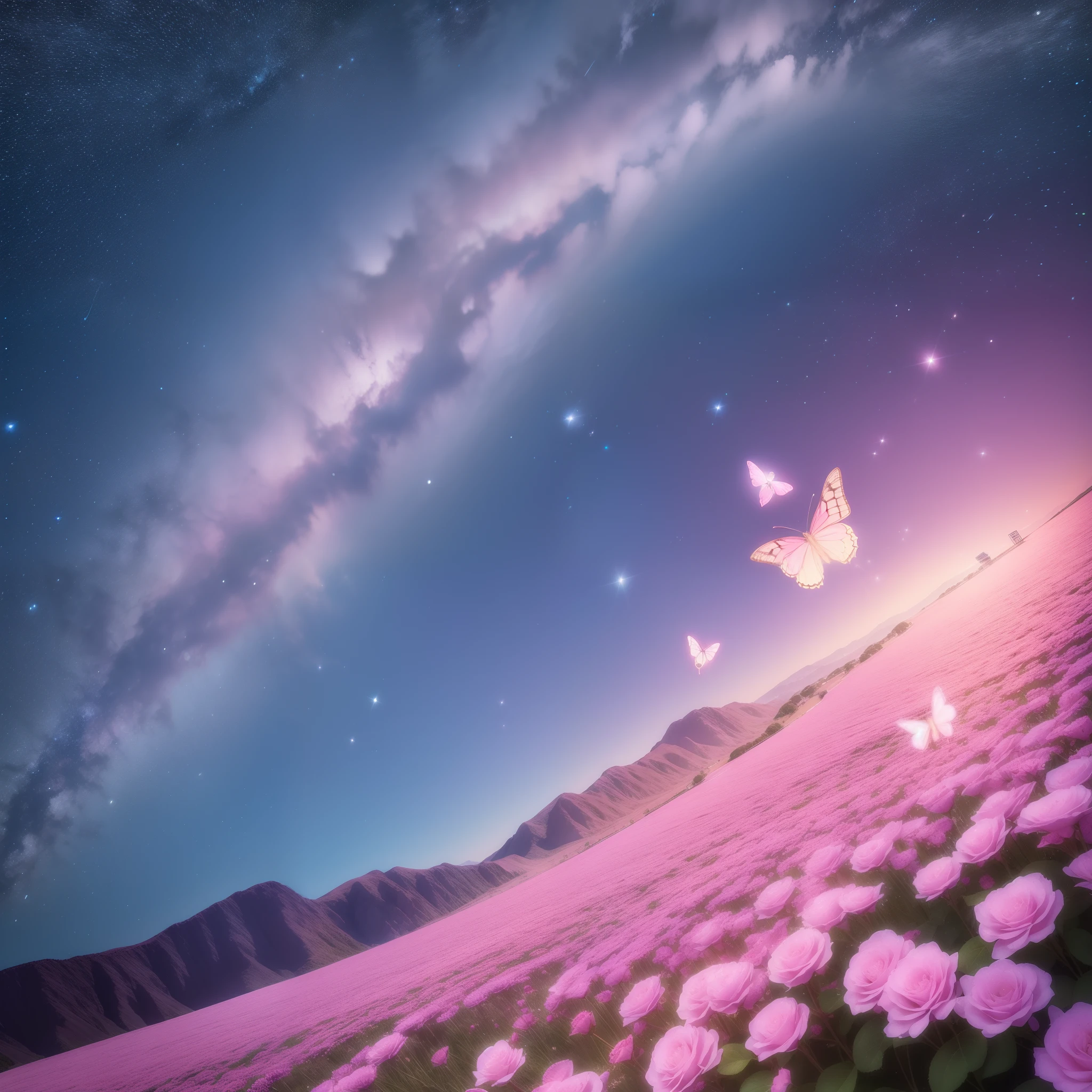 Milky Way and Starry Sky、Pink butterfly々Fluttering、Sparkling Rose Quartz、the text "I love ai art"