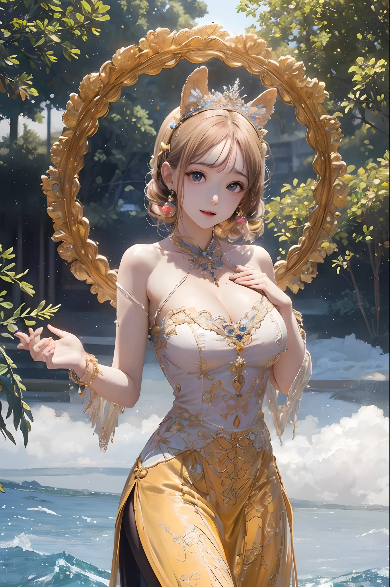 (masterpiece,top quality,Best quality,official art,beautiful and aesthetically pleasing:1.2),beautiful princess,At the foot of the mountain,mountains in the distance,Correct anatomy,Full length photo,convex,Cute big breasts,open chest,legs separated,plum,Desire for dissatisfaction,only genitalia, camel toes,Sexual gesture,(Long hair and long meat),gentle face, detailed eyes,Correct anatomy,detailed face, detailed eyes,Holy Rays,gold foil,gold leaf art,deep background,absurdity,fantastic and incredible,Epic composition,(complex parts,hyper detail:1.2),ultra photorealistic, epic realistic, ((with neutral colors)),(pastel color:1.2), hyperrealistic, + cinematography + dynamic composition, incredibly detailed, sharpen, cinematic, warm light, light effect, dramatic light, (complex parts:1.1), complex background, (Pearl Beaded Bralet Top), ((pearl top)),