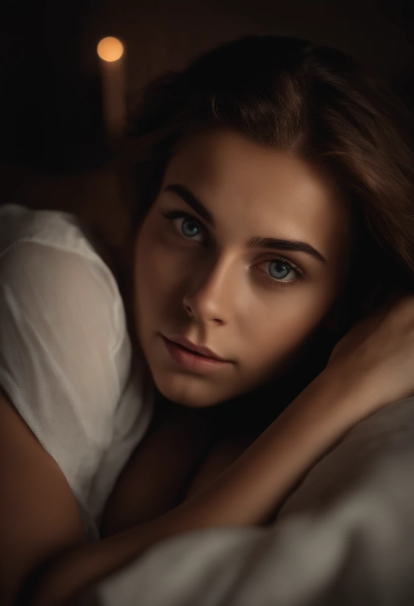 best quality,photorealistic,modern European adolescent,breathtaking eyes,gazing into a camera,intimate bedroom scene,sensual atmosphere,soft and romantic lighting