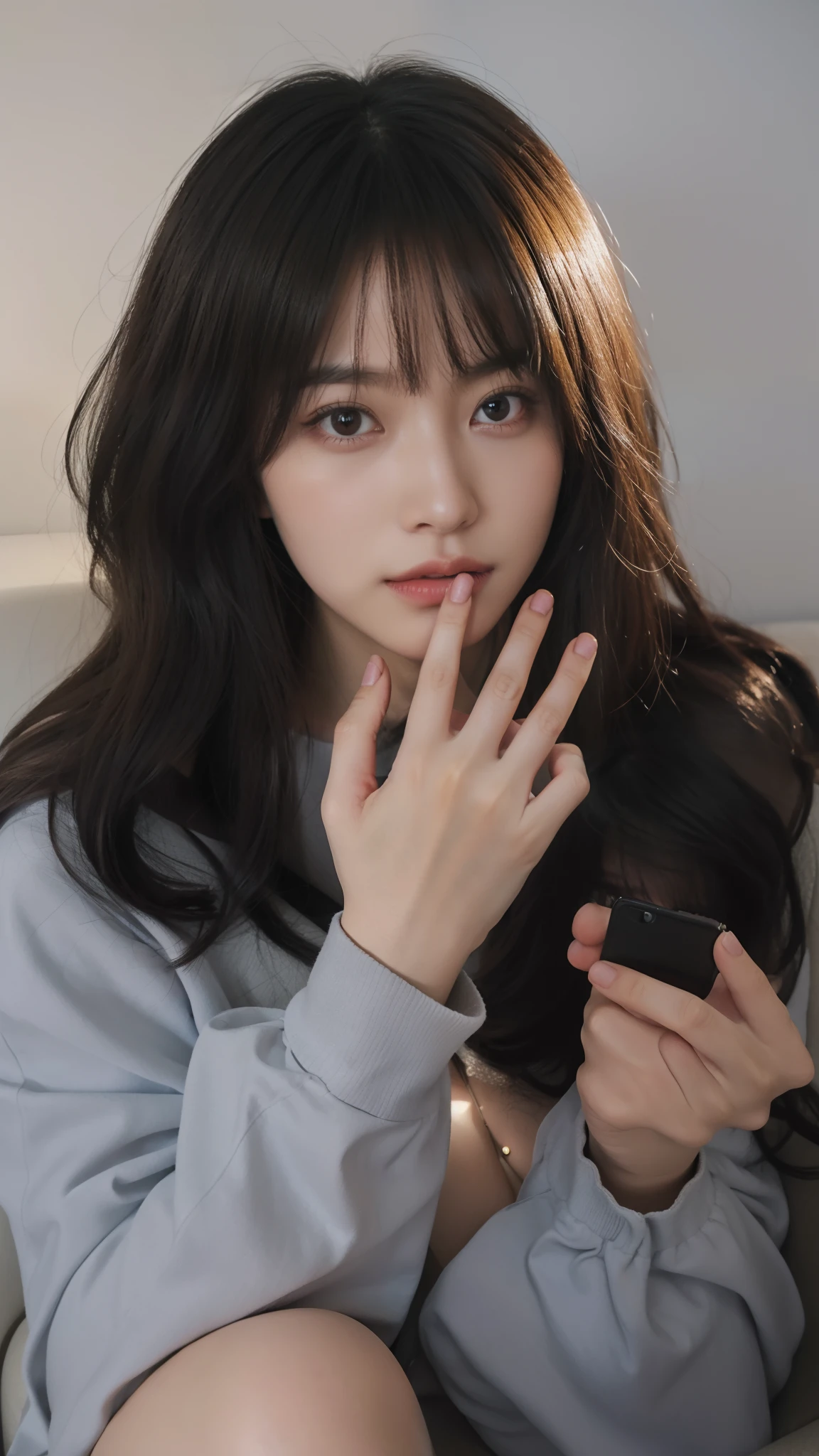 1girl,sitting on a cozy couch,crossing legs,soft light