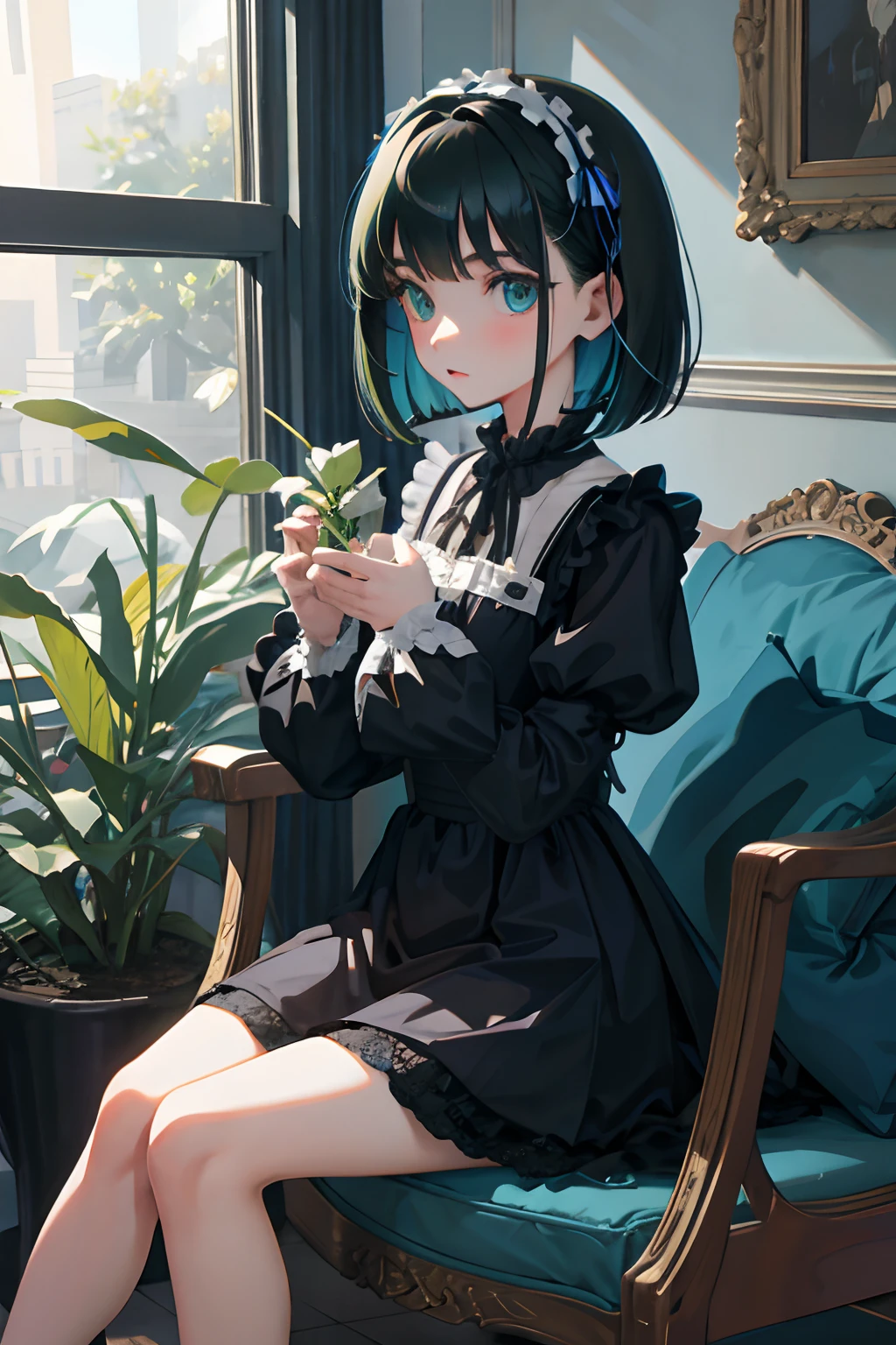 Holding your knees，sitting down on the floor，，（​masterpiece，Highest Quality），Blue-green Gothic Lolita，A dark-haired，Medium bob