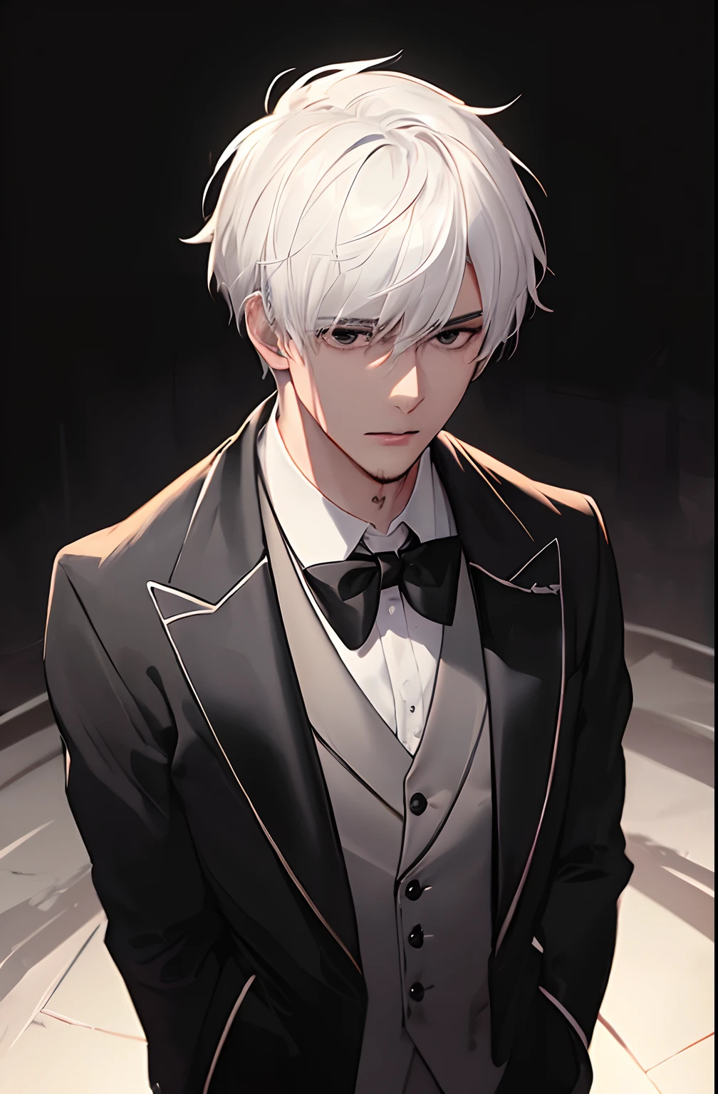 kk, best quality, more details, masterpiece, 1boy, male focus, solo, black background, black eyes, short hair, white hair, collared shirt worn inside a black cloak, black tie, Looking at viewer, Luxury, 8k, Detail, ray tracing, Depth of field, Cinematic lighting, Blood, suffering.