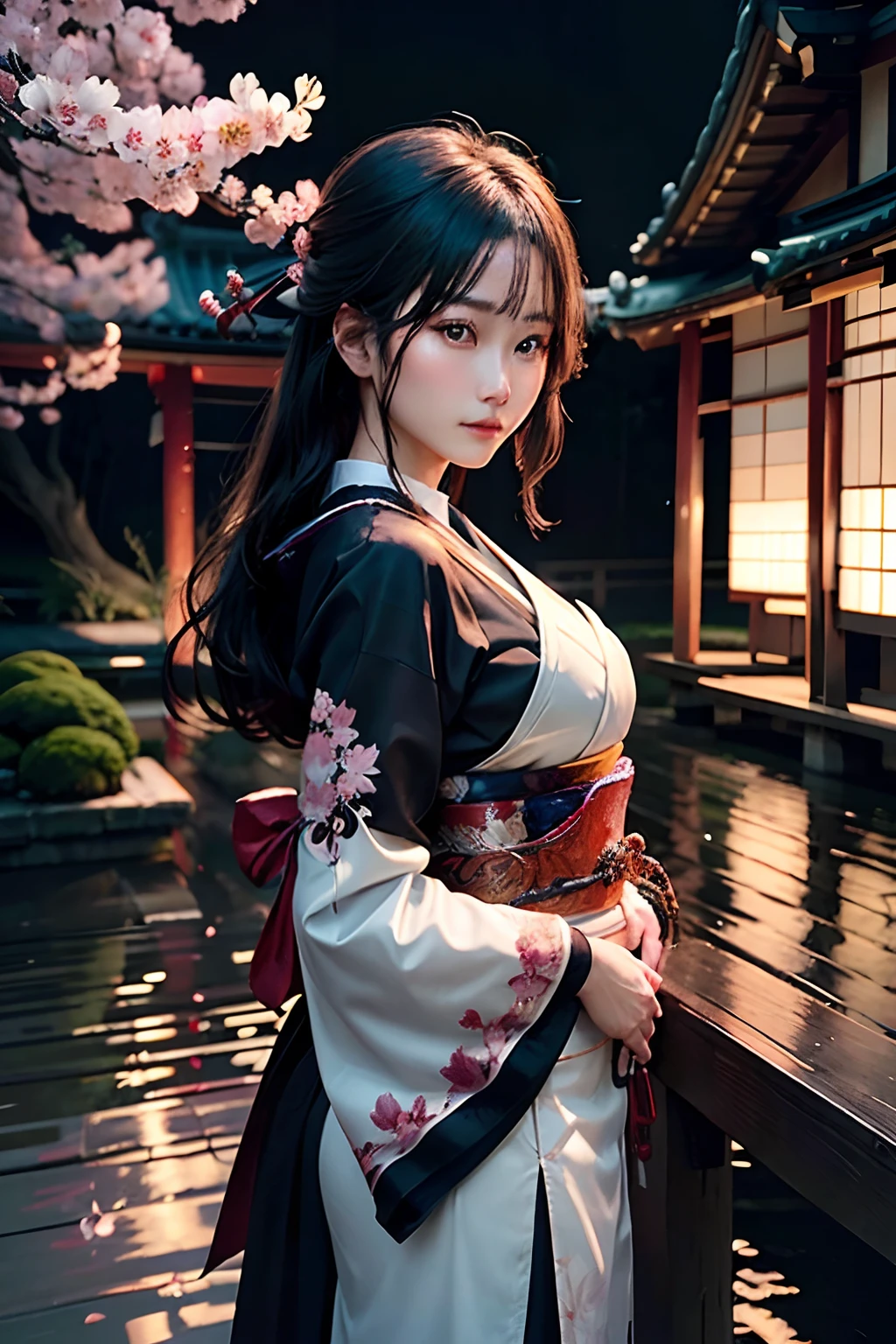 "Create a stunning photo, depicting the legendary beauty of Japan in a mysterious night setting. The scene should showcase a graceful Japanese woman, embodying the persona of a Raiden Shogun, standing amidst a forest of sakura trees. Utilize minimal lighting, relying solely on the faint glow of the moonlight filtering through the dense branches of the sakura trees.

Ensure the photo has a strong sense of realism, with a focus on capturing the intricate details of the Raiden Shogun's traditional costume and the tightly gripped katana. The setting of the sakura forest should appear as if the photo was taken in the midst of a cool, moonlit night, emphasizing tranquil and soft colors from the surrounding environment.

Capture the expression on the woman's face, reflecting both strength and serenity, as well as an enchanting sense of mystery. Don't forget to add realistic touches to the sakura trees and the luminous leaves, creating the impression that the photo is a genuine moment, even if captured during a magical and elusive time.

Preserve high visual quality and attention to detail, allowing viewers to feel the atmosphere of a Japanese night filled with wonder and beauty. With sea ai, produce a photo that perfectly combines realism and elegance, while expressing the power and unique characteristics of a Japanese woman embodying the Raiden Shogun amidst the enchanting forest of sakura trees."