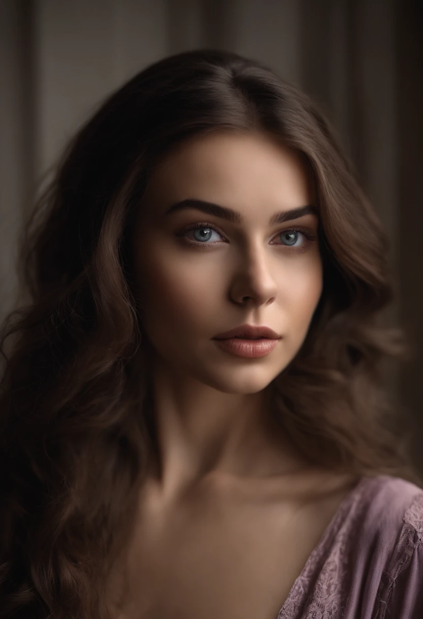 Arafed woman completely , dark room,aux yeux bruns, ultra realist, Meticulously detailed, Portrait Sophie Mudd, cheveux bruns et grands yeux, selfie of a young woman, Yeux de chambre, Violet Myers, sans maquillage, maquillage naturel, looking straight at camera, Visage avec Artgram, Maquillage subtil,worried in a dark room , Medium to large bust