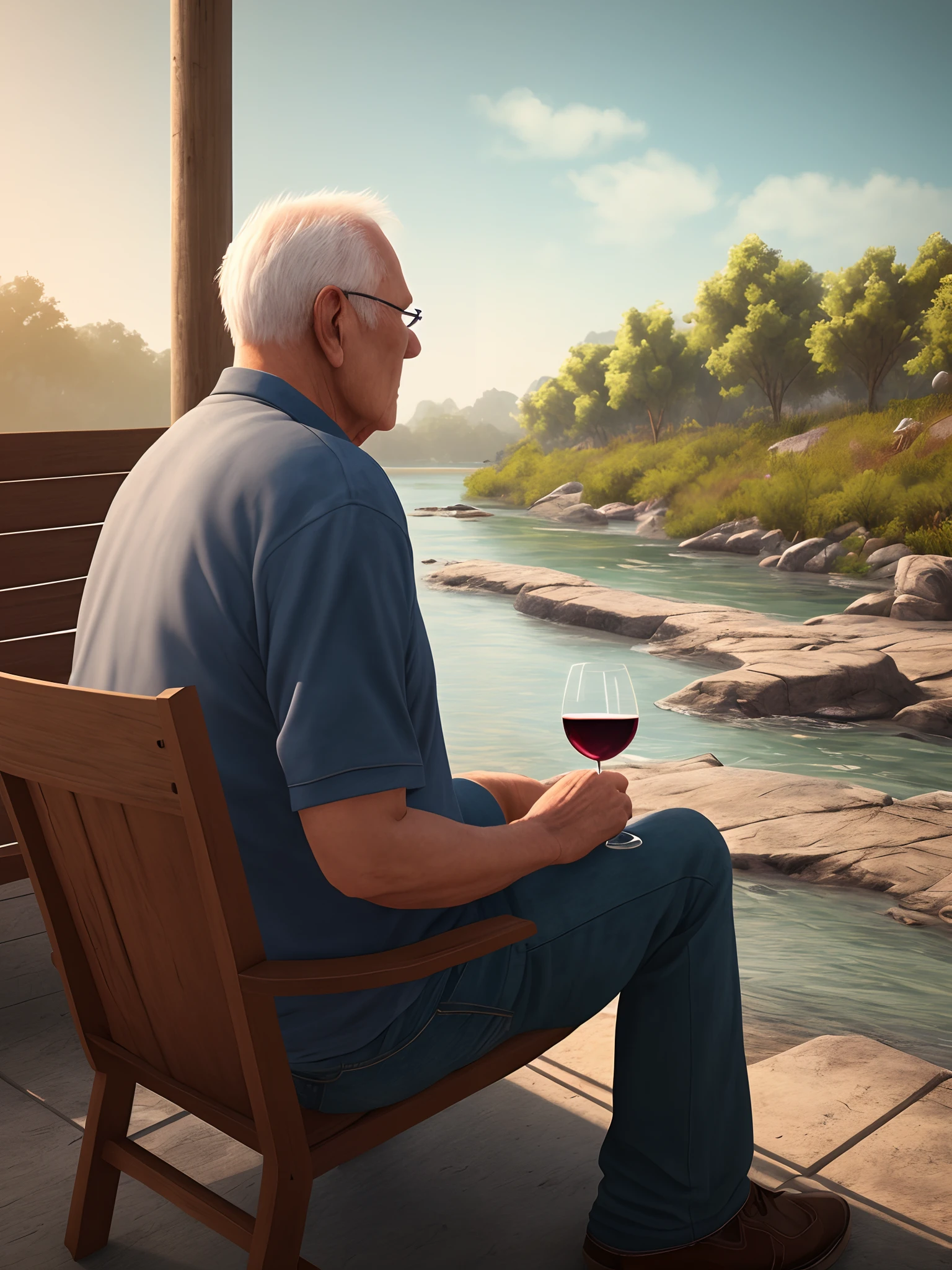 A poor old man sitting at the bank of river, drinking wine, thinking, stunning realistic, 3d render, octane render, water color painting background,intricately detailed, cinematic, hyper realistic cover photo awesome full color, hand drawn, realistic 12k, intricate. high definition, cinematic