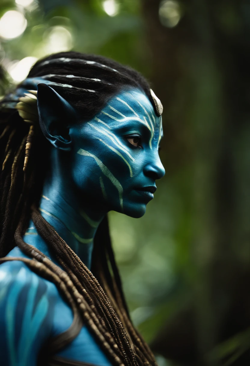 (Masterpiece, highres), AOA, Avatar Angelina Jolie, 1girl, Na'vi , blue skin, 8k, outback, tropical temple, jungle, toned, trees in the background, sweat, depth of field, saturated, clean, detailed, hyperdetailed, Intricate, blue skin, sunglasses, detailed skin, skin pores, ultra quality, Film grain