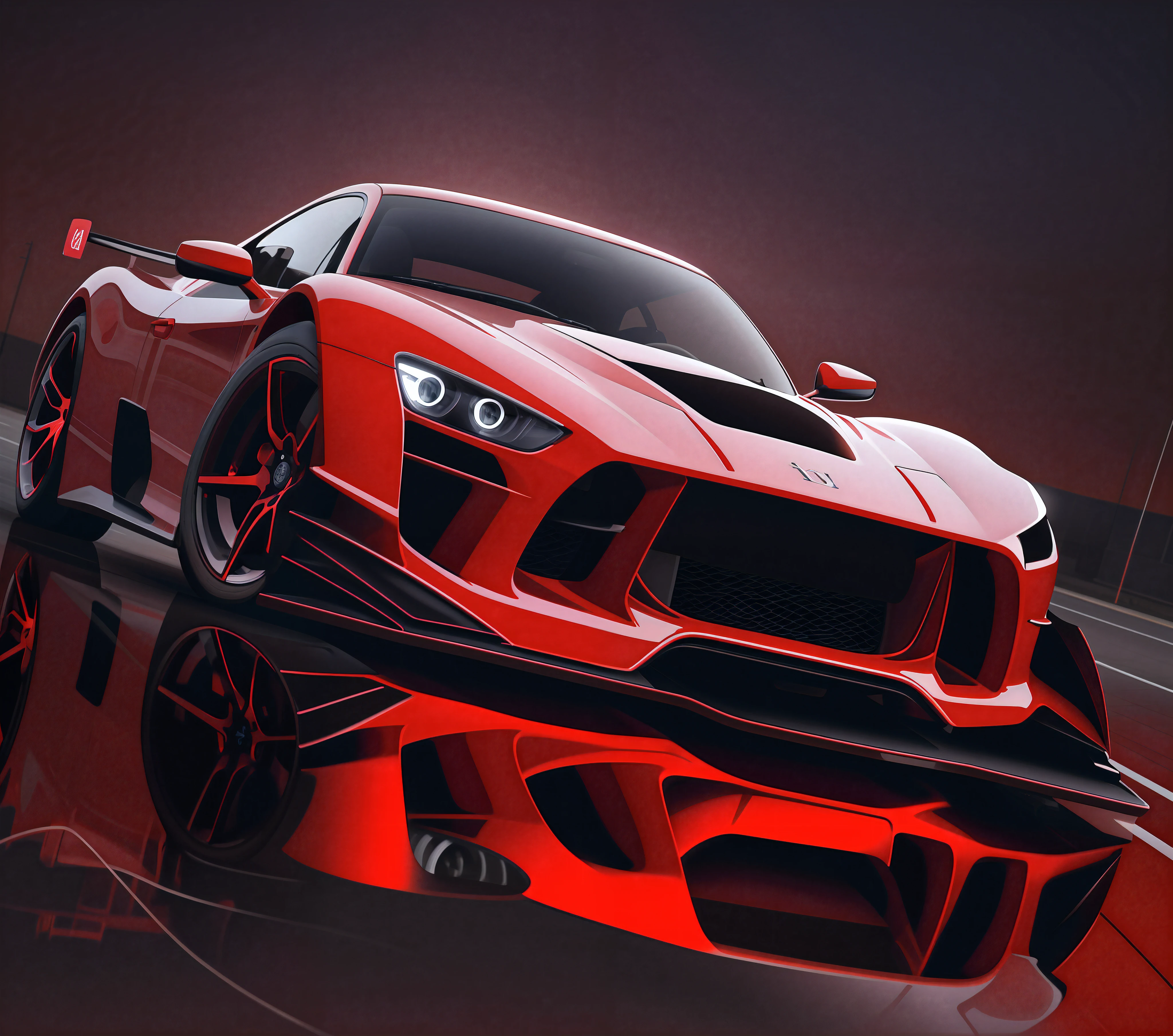 Um closeup de um carro esportivo vermelho, with its reflection on the ground, impressionante estilo de arte detalhado, arte do design automotivo, arte conceitual de carro. Pintura digital, stunning digital illustration, 3d arte digital 4k, Estilo de pintura digital, hyper detailed illustration.