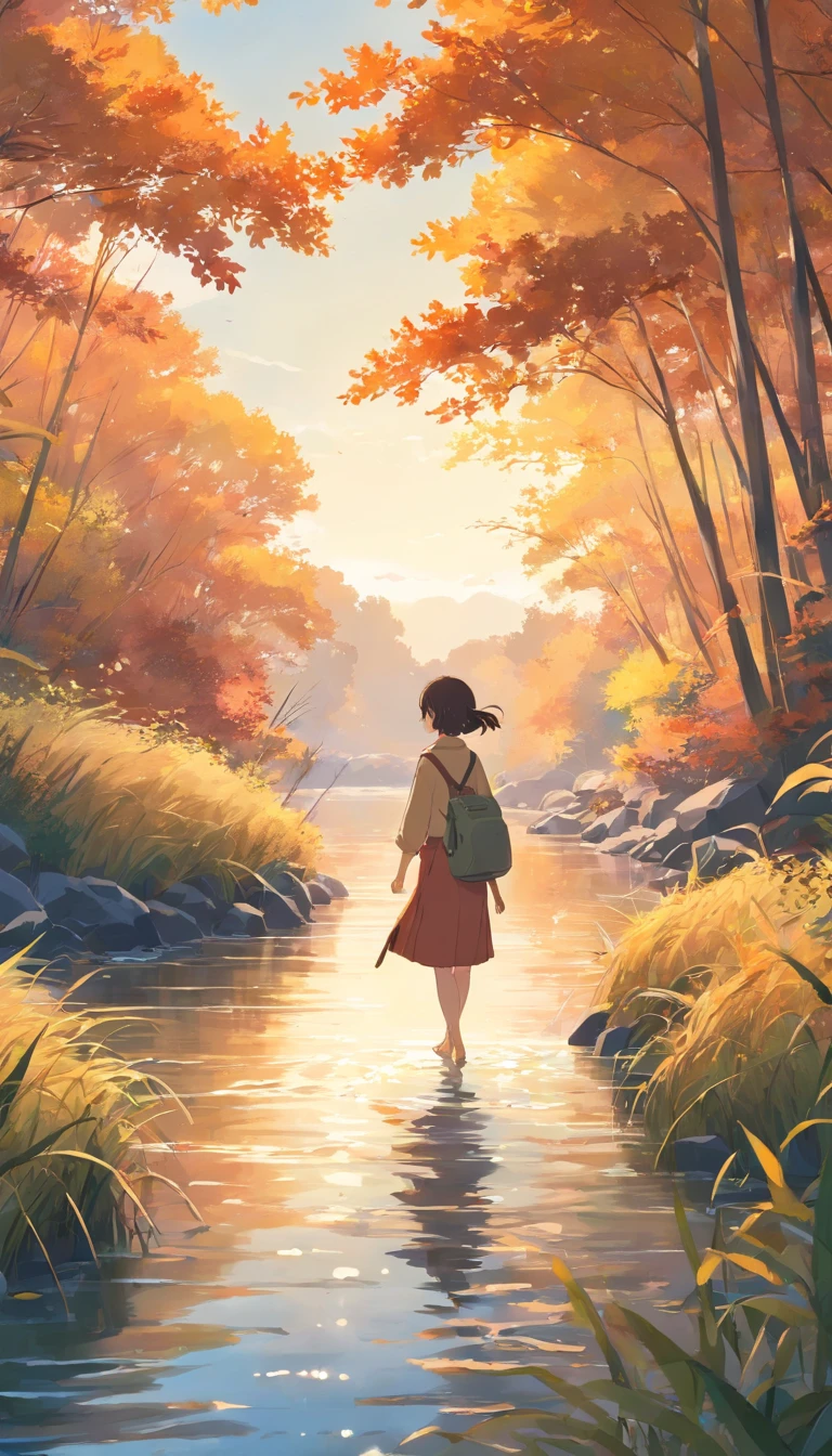 A river,There are reeds on the shore,An autumn scene