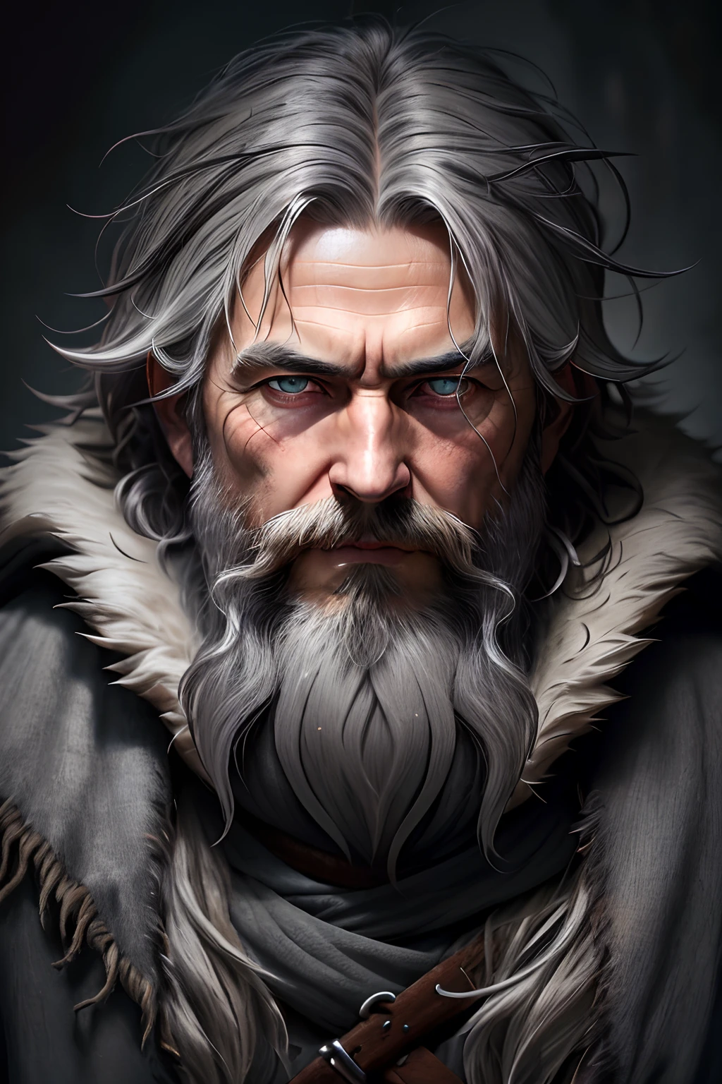 photo, old evil hermit, medieval, piercing_deep-set_eyes, wrinkled face, dark_stichted_cloak, (dramatic lighting:1.25), (shadowy background:1.2), (dirty_ unkempt_gray_hair:1.2), (long_shaggy_beard:1.3), (faded colors:1.1), (sharp focus:1.1), (shadows:1.2), (subtle HDR:1.3), (realistic skin texture:1.25), (detailed hair:1.2), (gritty texture:1.1), (cinematic look:1.2), (powerful pose:1.3), (blush:0.5), (goosebumps:0.5), subsurface scattering, detailed_grey_eyes