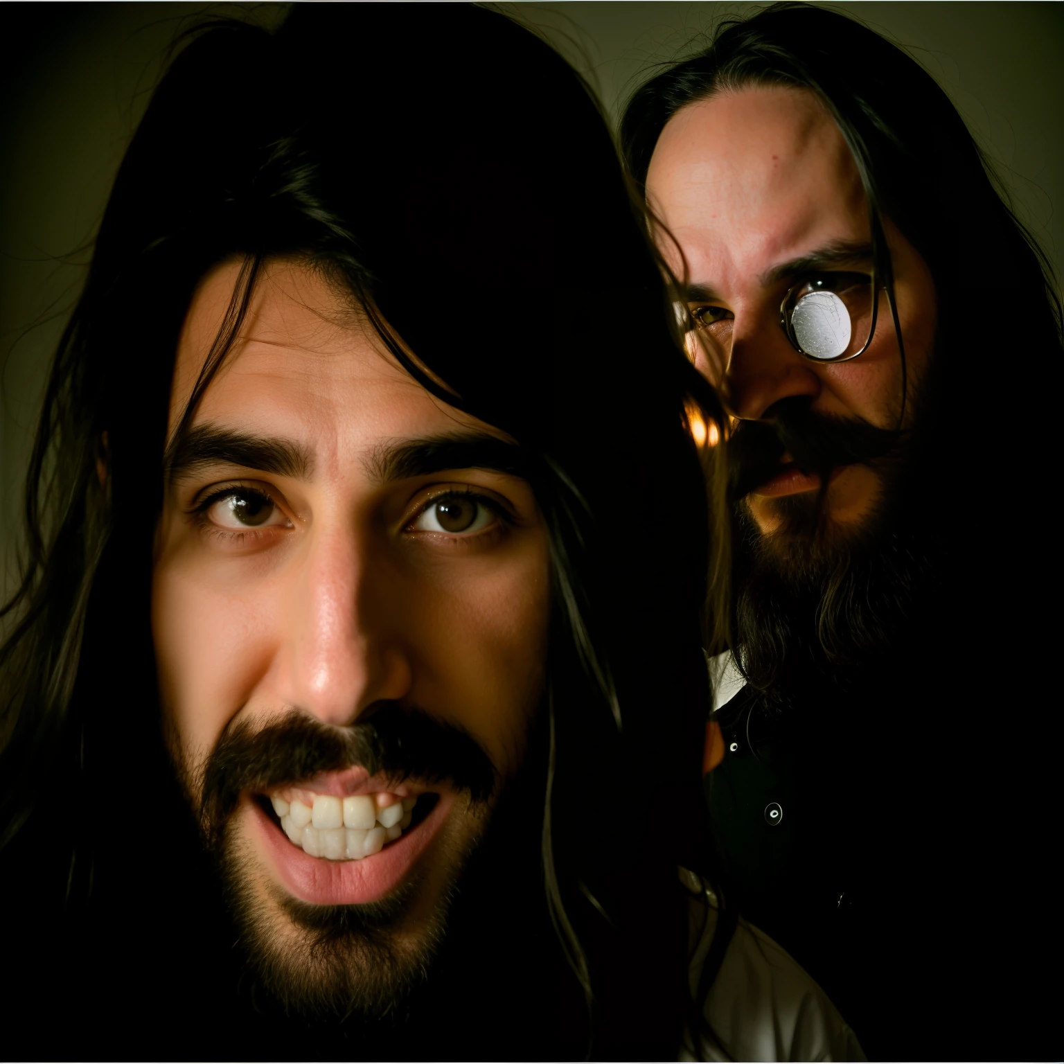 man with long black hair and beard, and a creppy monster behind him, pure horror, scariness