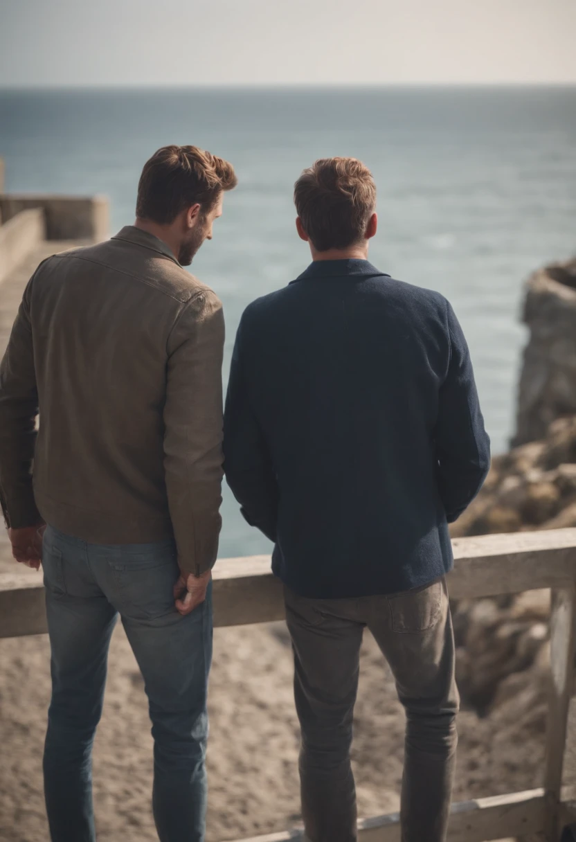 Two men standing on a bridge looking out at the sea