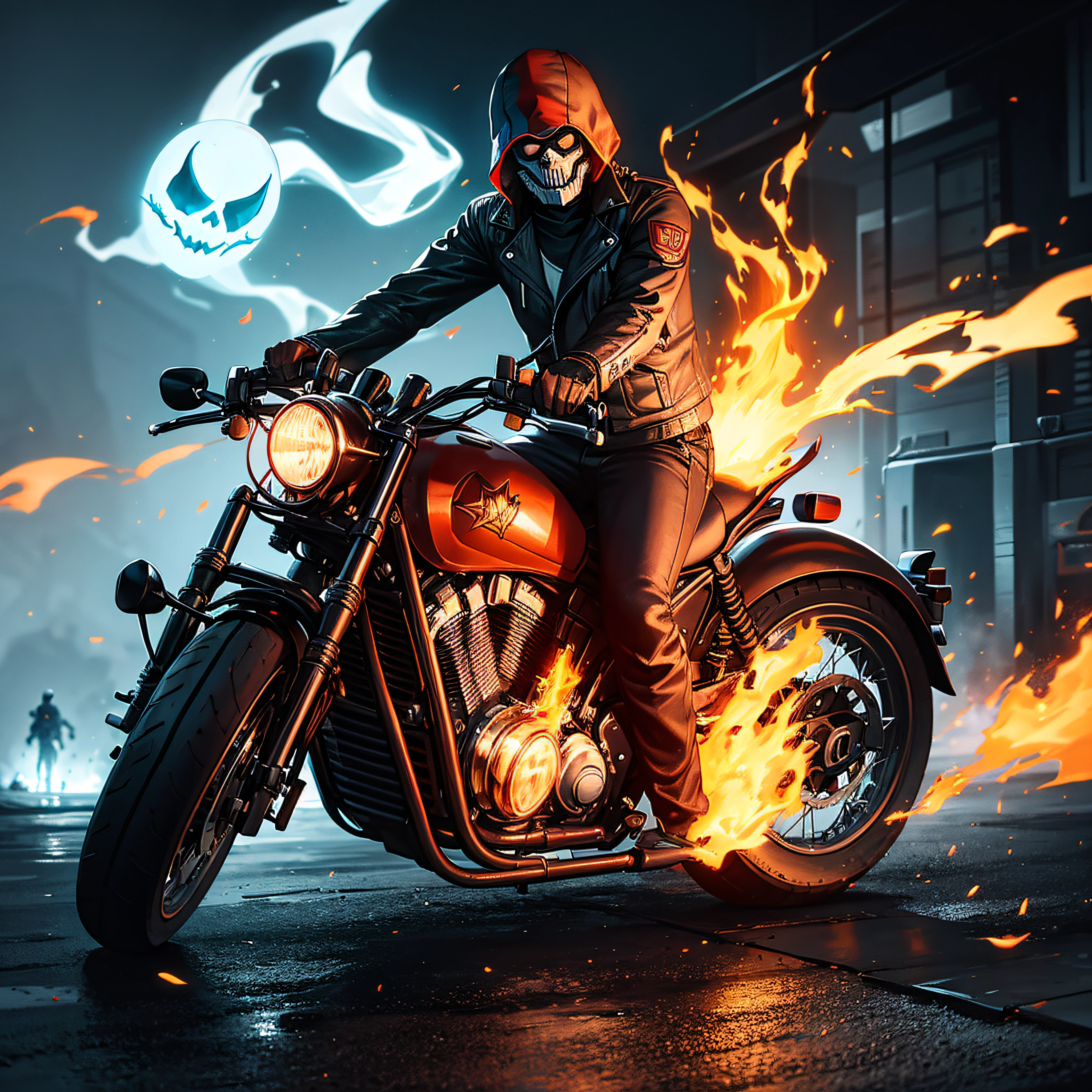 retro style, cayde6 as ghost rider in flames sitting on ghost rider motorcycle