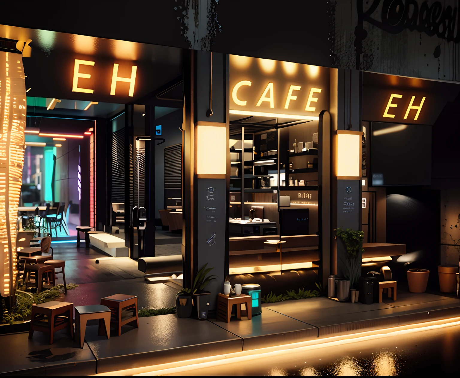 Exterior coffee shop, modern neon sign, neon lighting, concrete wall and inox decoration, tables coffee and chairs