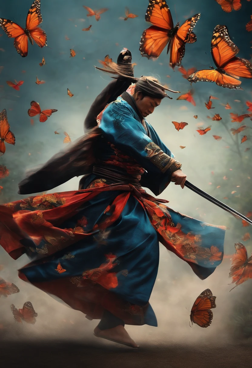 A samurai dancing with butterflies