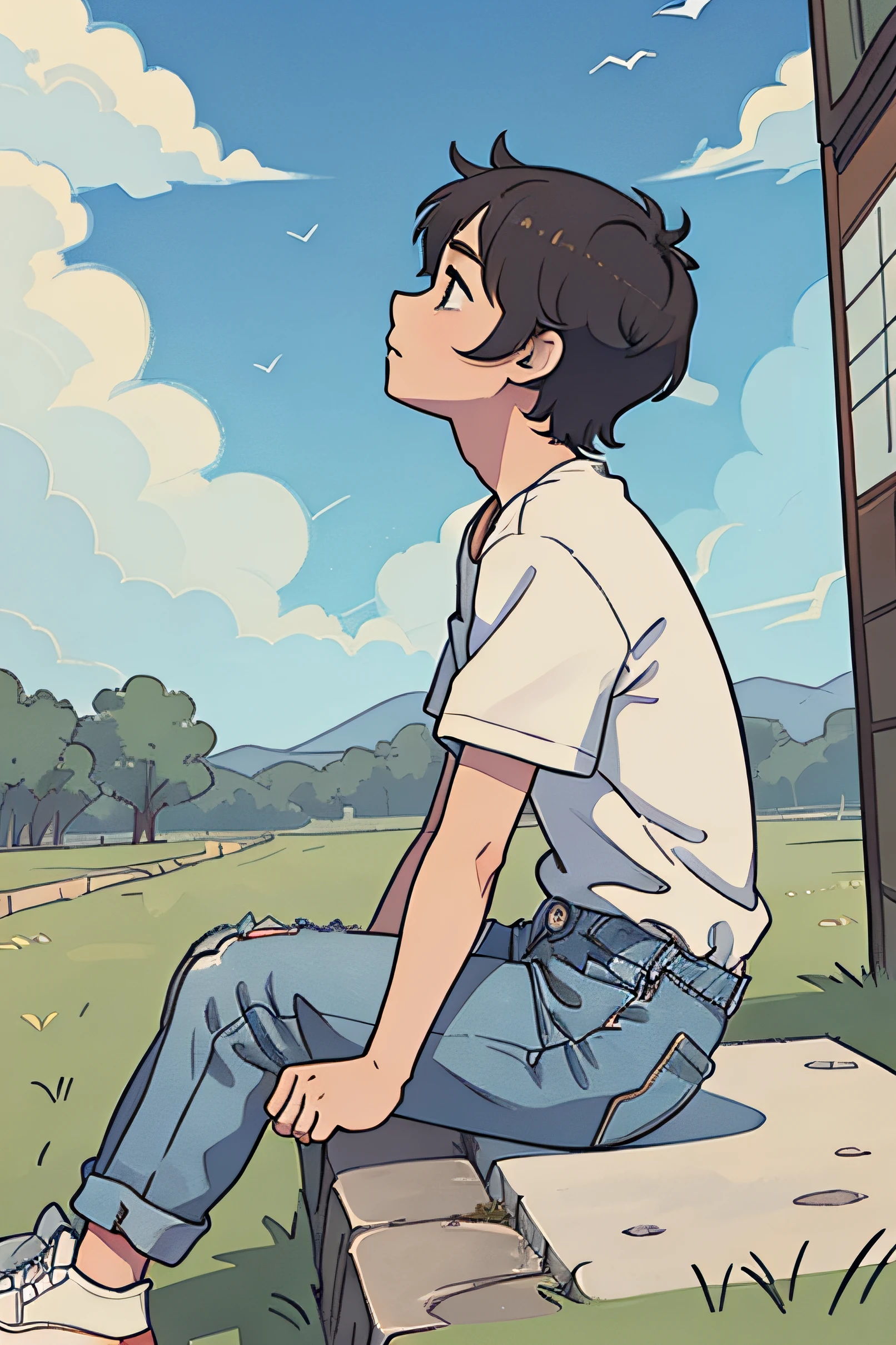 side view illustration of a boy haviing short messy hair, sitting on the ground looking up towards the sky, wearing jeans and a shirt, cute