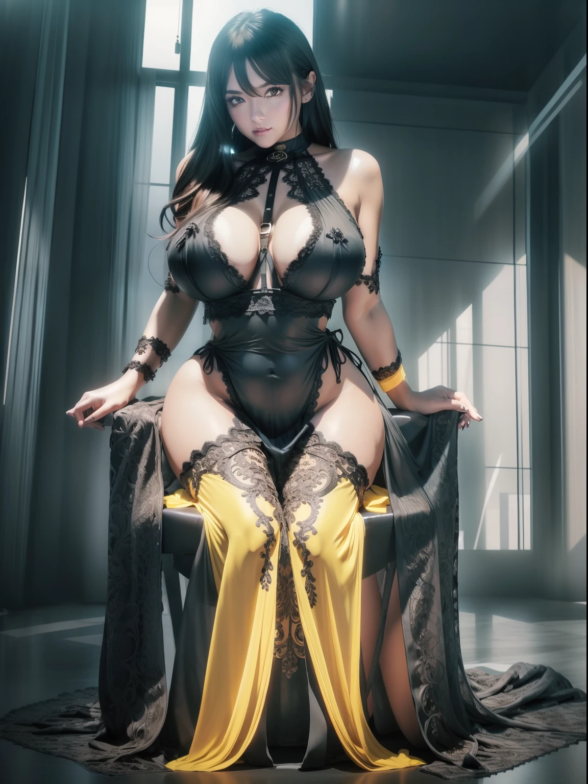 ((nsfw)),((gigantic breasts:1)),((sheer cloths:1)),((smile:1)),(sitting down),1girl, intricate detail, masterpiece, best quality, extremly detailed,cinematic lighting, beautiful detailed glow, finely detailed beautiful face and eyes, 8k, dark intense shadows, yellow eyes, medium hair, black hair, bangs, floating hair, black jacket, open jacket, white shirt, expressionless, yellow necktie, black skirt, spotlight, sunshine, sunrise, gradient sky, city, lens flare, cowboy shot, [[curvy]], [mature female]