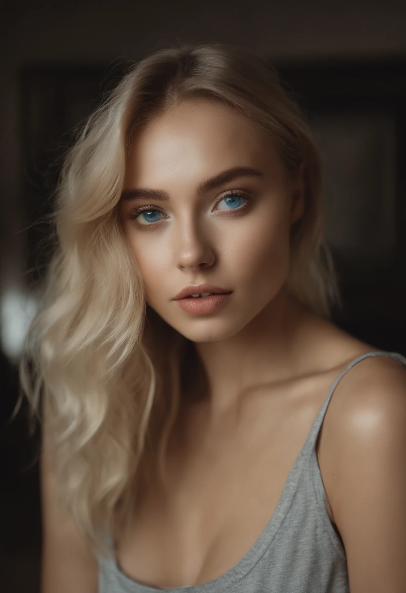 A woman with matching T-shirt and pants with holes, Worried girl with blue eyes, Portrait Sophie Mudd, Portrait de Corinnne Kopf, cheveux blonds et petit yeux, selfie of a young woman, Макияж sin, Maquillage naturel, looks directly at the camera, Visage avec Artgram, dezentes Maquillage, Excellent long-term photography, in a dark room, petit seins, blond, pull