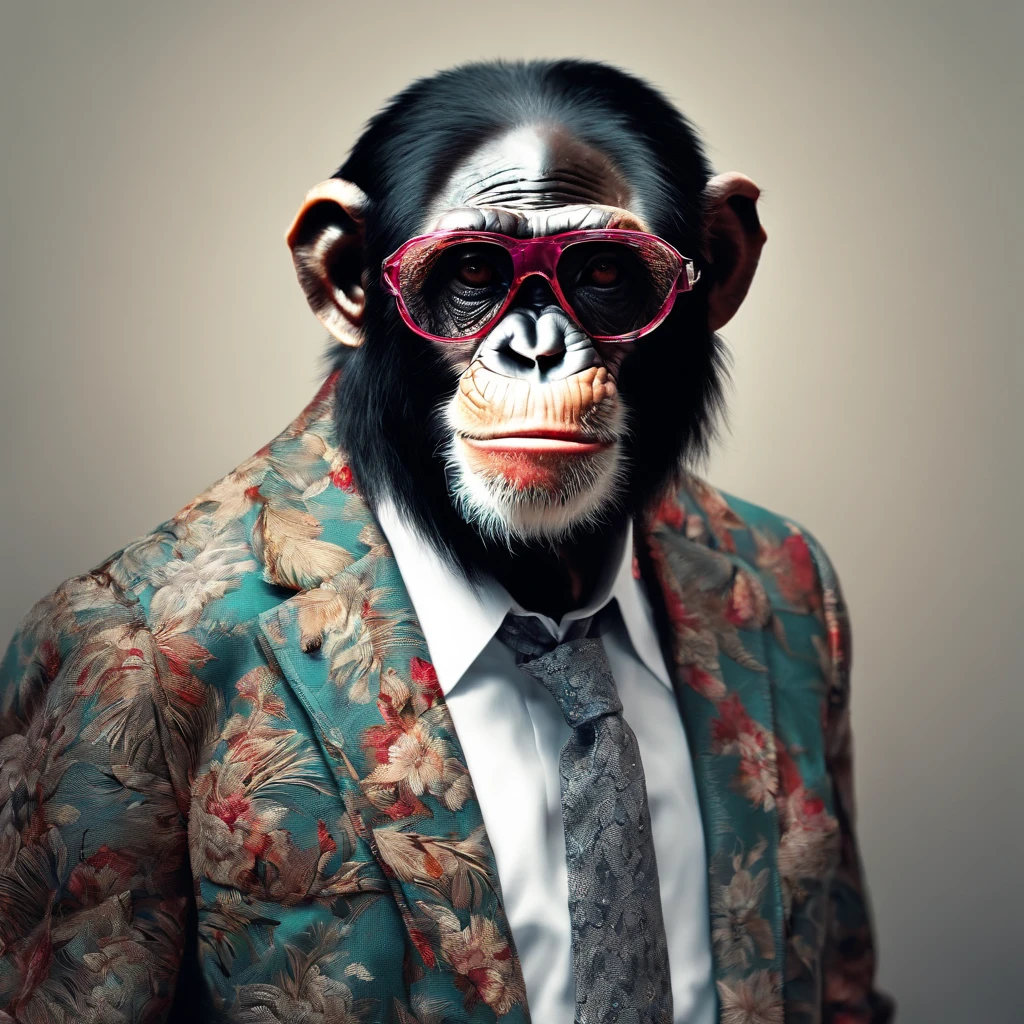Perfect centralization, chimp, wearing a jacket，vasos de cristal，Rosa flor, wearing sunglasses, alegria, Standing position, beleza abstrata, Centrado, looking at the camera, Facing the camera, nearing perfection, Dynamic, altamente detalhado, liso, foco nítido, 8k, high-definition resolution, illustration, arte de Carne Griffiths e Wadim Kashin, fundo branco