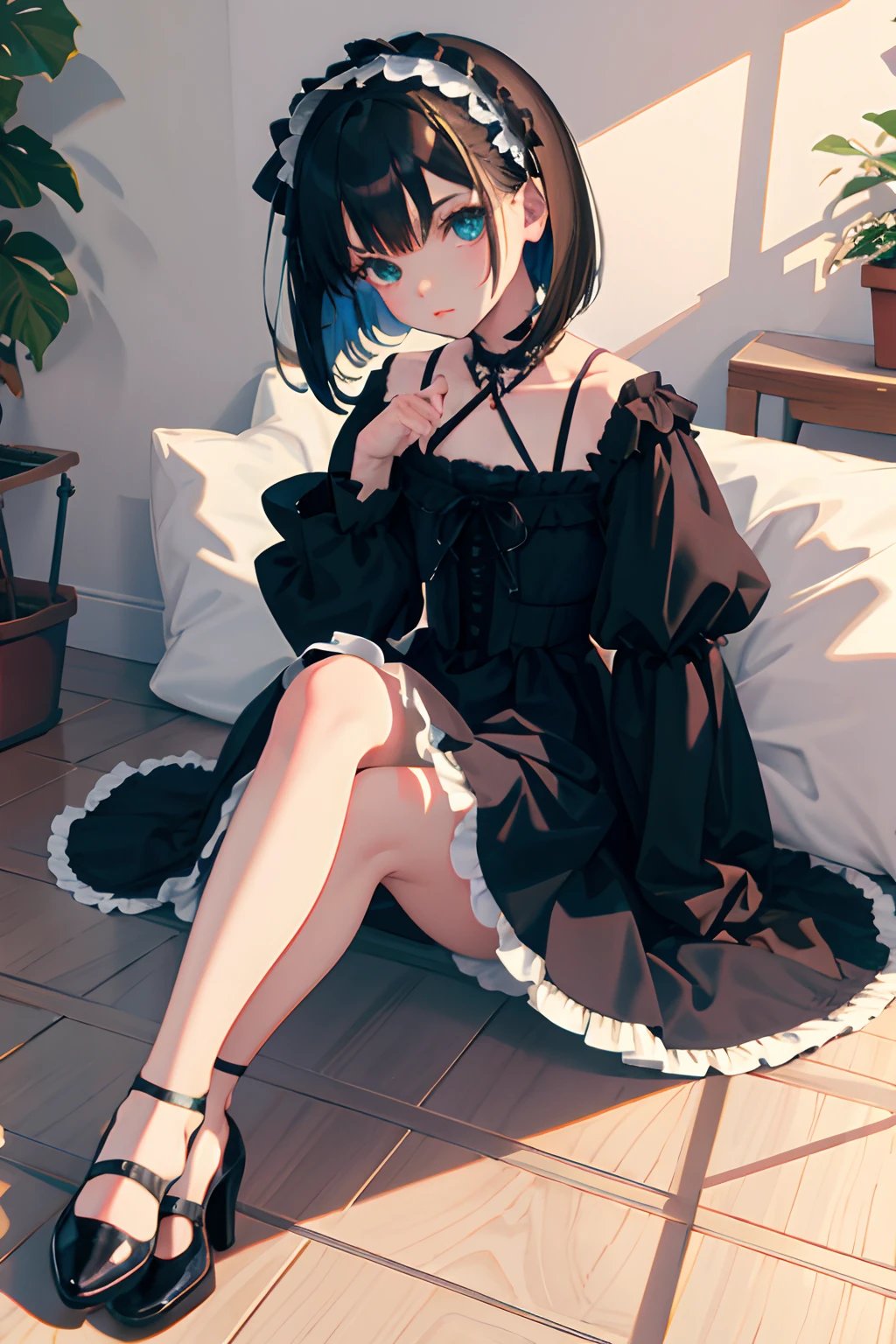 Holding your knees,sitting down on the floor,child,(masterpiece,Highest Quality),Turquoise Gothic Lolita Fashion,A dark-haired,Medium bob