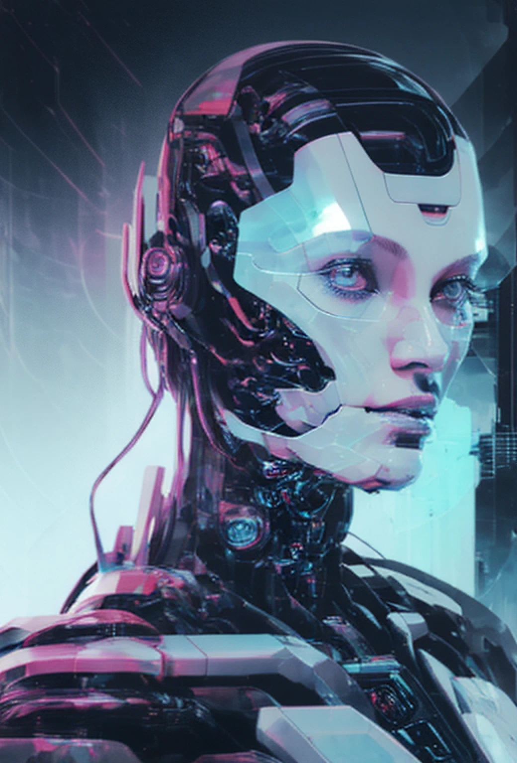 a close up of a woman with a futuristic head and a futuristic face, the cyberpunk girl portrait, cyberpunk digital art, cyberpunk art style, greg beeple, beeple masterpiece, beautiful cyberpunk girl face, cyberpunk portrait, cyberpunk themed art, beeple!!, beeple artwork, advanced digital cyberpunk art, cyberpunk digital painting, portrait of a female android