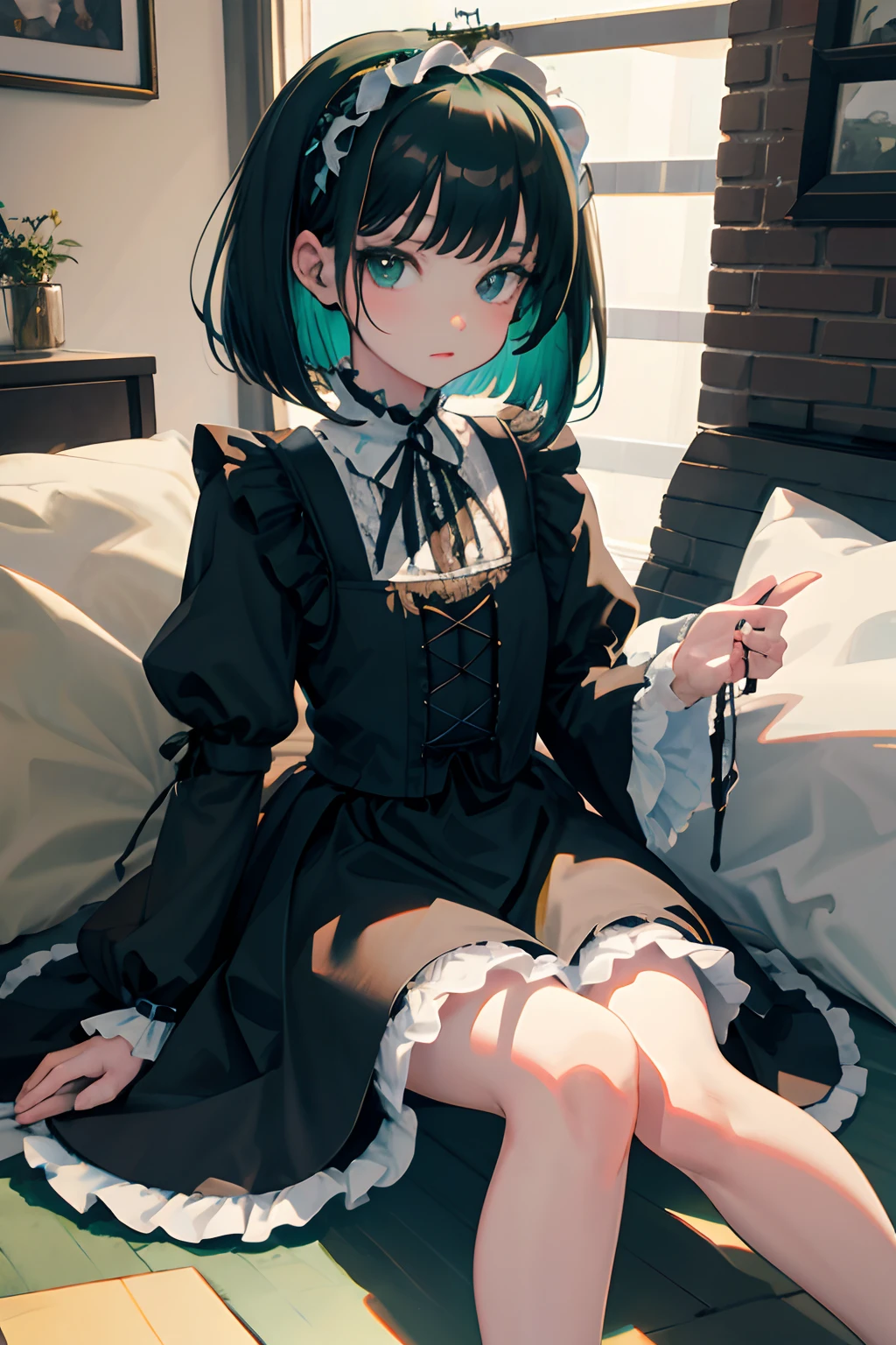 Holding your knees，sitting down on the floor，，（​masterpiece，Highest Quality），Blue-green Gothic Lolita，A dark-haired，Medium bob