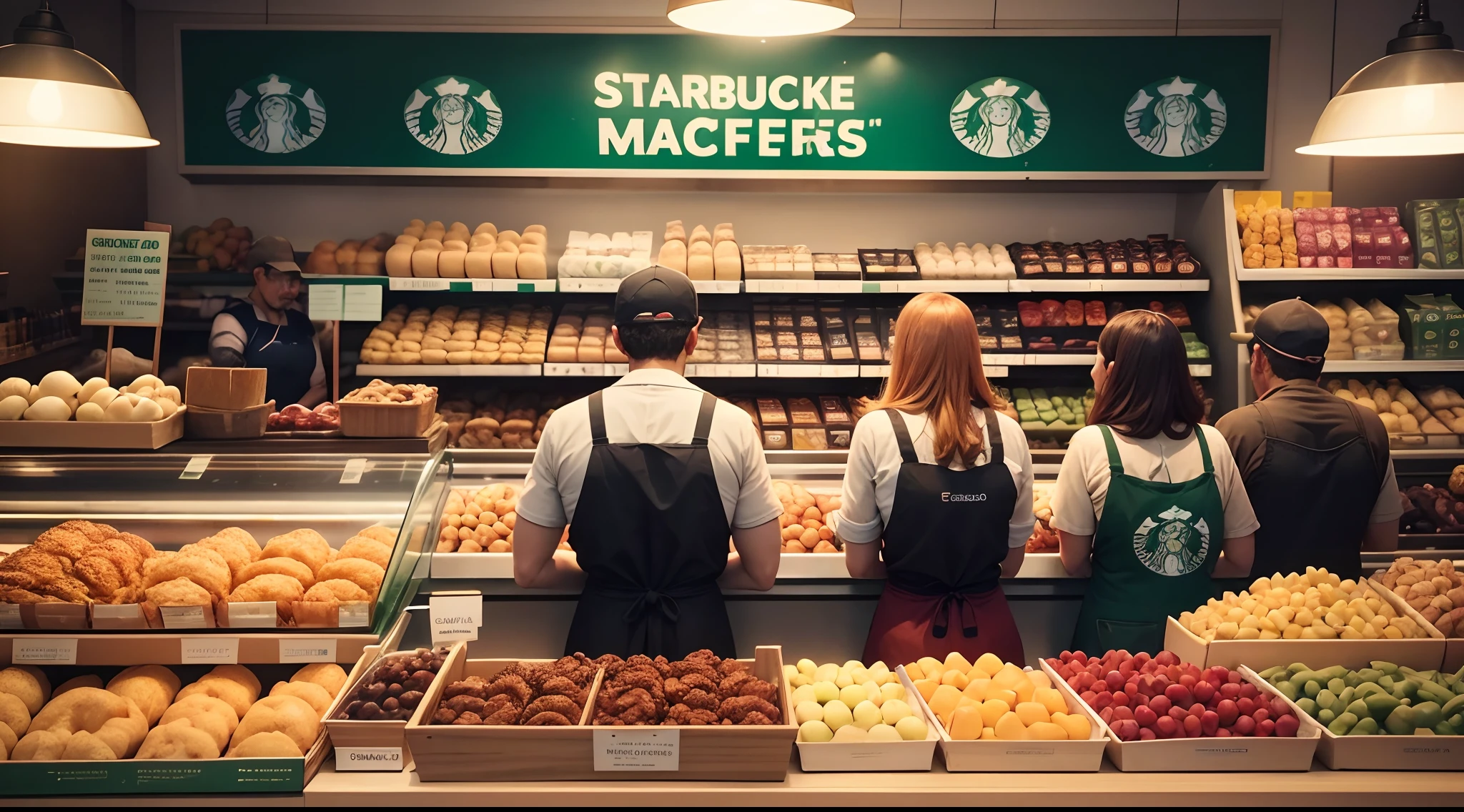 a group of people standing in a grocery store, Aventais e Viseiras Starbucks, imagem de estoque de alta qualidade, Diferente, standing in a restaurant, Pessoas do mercado de alimentos frescos, tomada em 2 0 2 0, restaurante movimentado, in a butcher shop