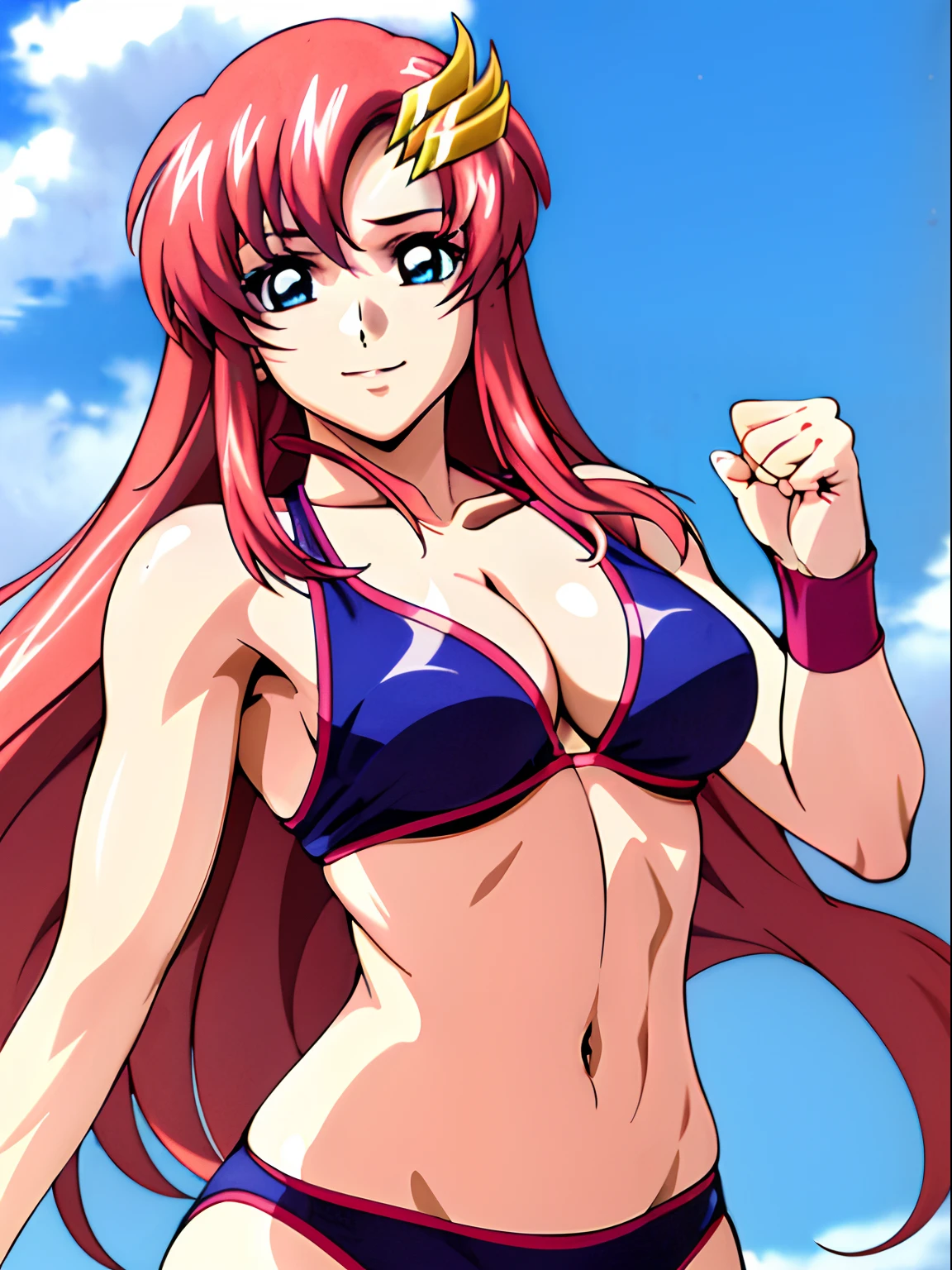 (masterpiece, upper body view, 4K, Best Quality, Anime style: 1.9,, Adult Woman, ultra detailed face, (cloud background, wrestling), Drawing lines, high resolution, Anime, lacus4), 1girl, Solo, curvy figure, Long hair, 鎖骨, scapular, (Detailed wide hair bangs, Hair Ornament, Detailed reddish-pink hair, golden crest), cleavage, large hands, (female wrestler). (Big blue eyes, shiny eyes), ((female wrestler, little biceps, slender body, broad shoulders, closed fists)), ((perfect proportions, medium breasts, long belly)), (((bikini, pink wrestling gear))), happy, smile, (standing, looking at the viewer), high kick