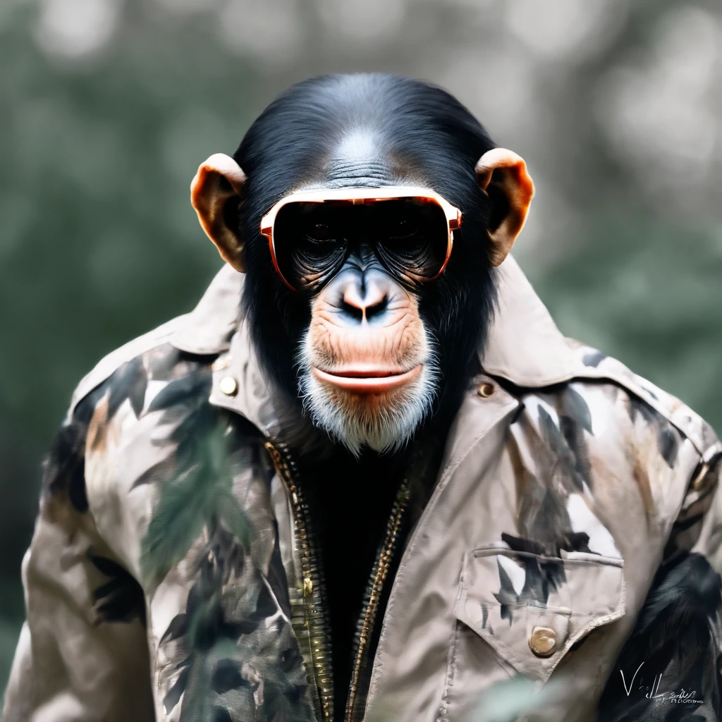 Perfect centralization, chimp, wearing a jacket,vidros de vidro,Rosa da flor, wearing sunglasses, alegria, Standing position, beleza abstrata, Centrado, looking at the camera, Facing the camera, nearing perfection, Dynamic, altamente detalhado, liso, foco nítido, 8k, high-definition resolution, illustration, arte de Carne Griffiths e Wadim Kashin, fundo branco