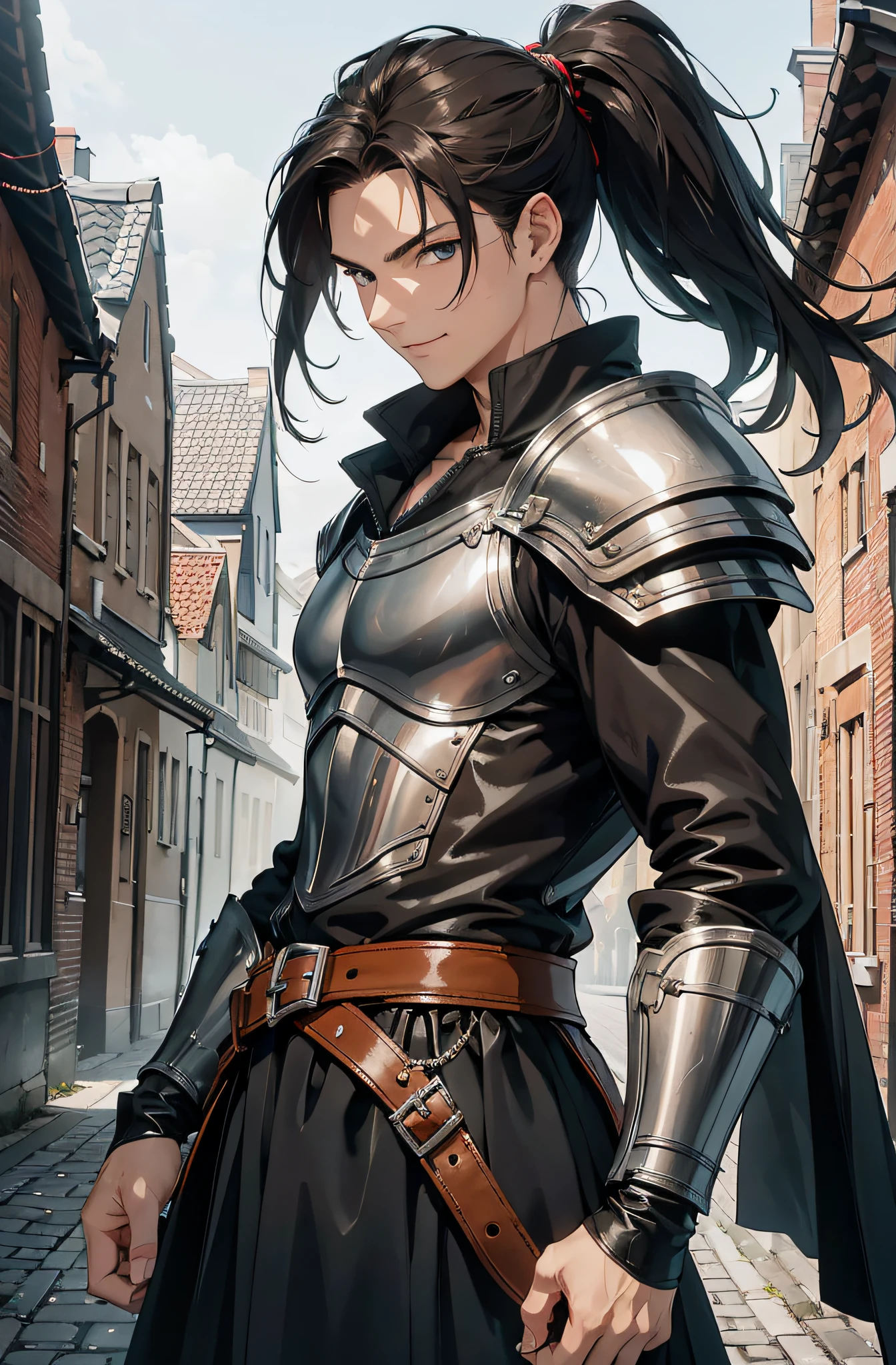 (Meisterwerk), best quality, ultra-high resolution, Ein Mann, elegant, ausdrucksstarke Augen, Perfektes Gesicht, half body, Blick auf den Betrachter, dutch angle, Cowboy erschossen, langes schwarzes Haar mit langem Pferdeschwanz, leather armor, Clothing for the Middle Ages, assasin, Dolch, easy smile, Detaillierter Hintergrund, mittelalterliche Gasse, Extreme Detailgenauigkeit, 4K