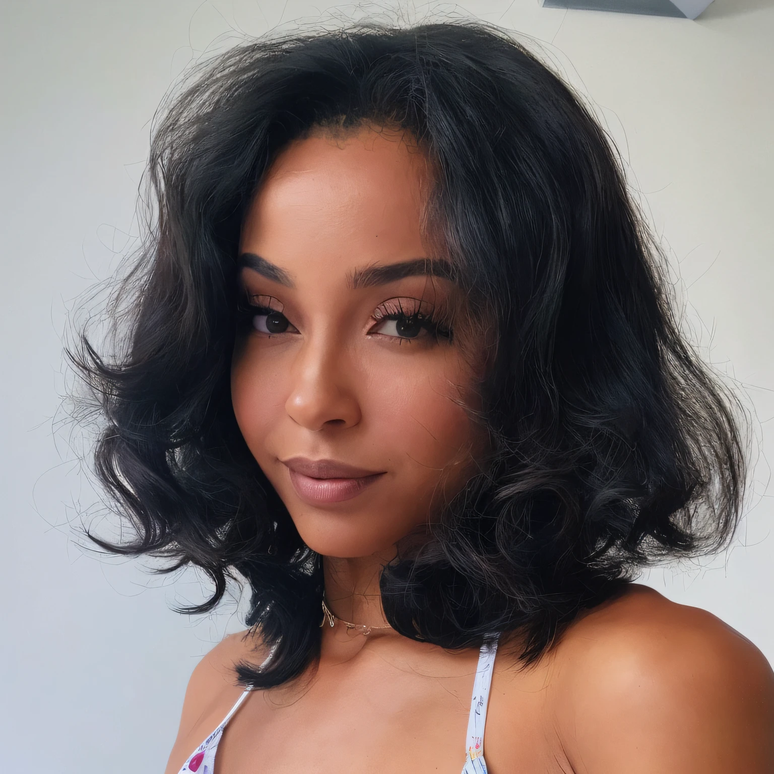 There is a woman with a very large chest and a very large breast, curly middle part haircut, cabelos ondulados na altura dos ombros, cabelos ondulados espalhados, foto de perfil headshot, com cabelos curtos, comprimento do ombro cabelo preto, middle length hair, sem maquiagem cabelo ondulado, retratado dos ombros para cima, com longos cabelos cacheados, cabelos curtos ondulados, shoulder-length black hair