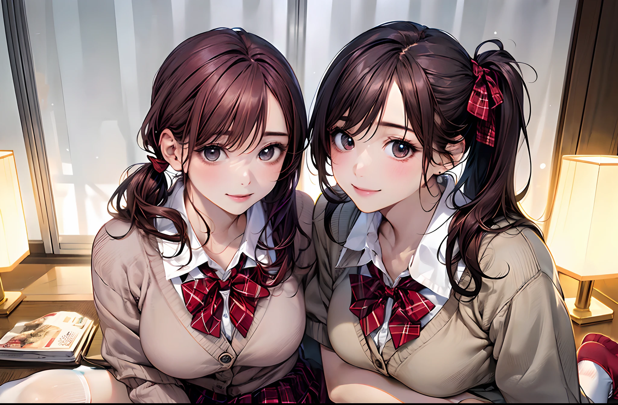 (masterpiece:1.2, top-quality), (realistic, photorealistic:1.4), beautiful illustration, (natural side lighting, movie lighting),
looking at viewer, dynamic angle, 1 girl, japanese, office worker, reception, perfect face, cute and symmetrical face, suntan, shiny skin,
(medium hair, (bister hair), sidelocks, black hair), swept bangs, chocolate eyes, long eye lasher, (large breasts), slender,
beautiful hair, beautiful face, beautiful detailed eyes, beautiful clavicle, beautiful body, beautiful chest, beautiful thigh, beautiful legs, beautiful fingers,
(white collared shirt, blue pleated skirt, cardigan, red bowtie), dynamic angle, from side,
(beautiful scenery), summer, (sitting on chair, povsideclass, indoors, chair, desk, classroom, school desk, window), , (smile, fearless smile, happy, fun, joyful),