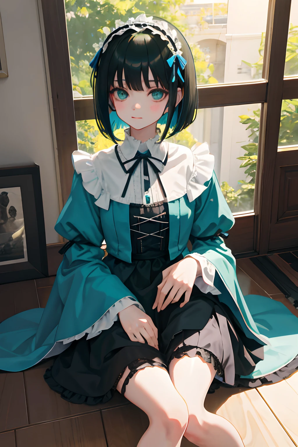 Holding your knees，sitting down on the floor，，（​masterpiece，Highest Quality），Blue-green Gothic Lolita，A dark-haired，Medium bob