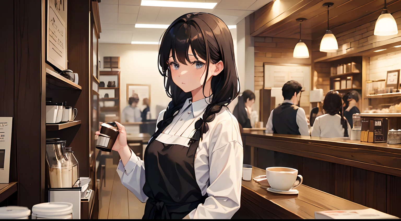 One woman holding a black apron(A dark-haired、Braided hair、Loosely tied in two、Clerks at a coffee shop、White shirt、Wearing a black apron、I'm looking away.、Tense face、with a flushed face）、The background is inside a coffee shop