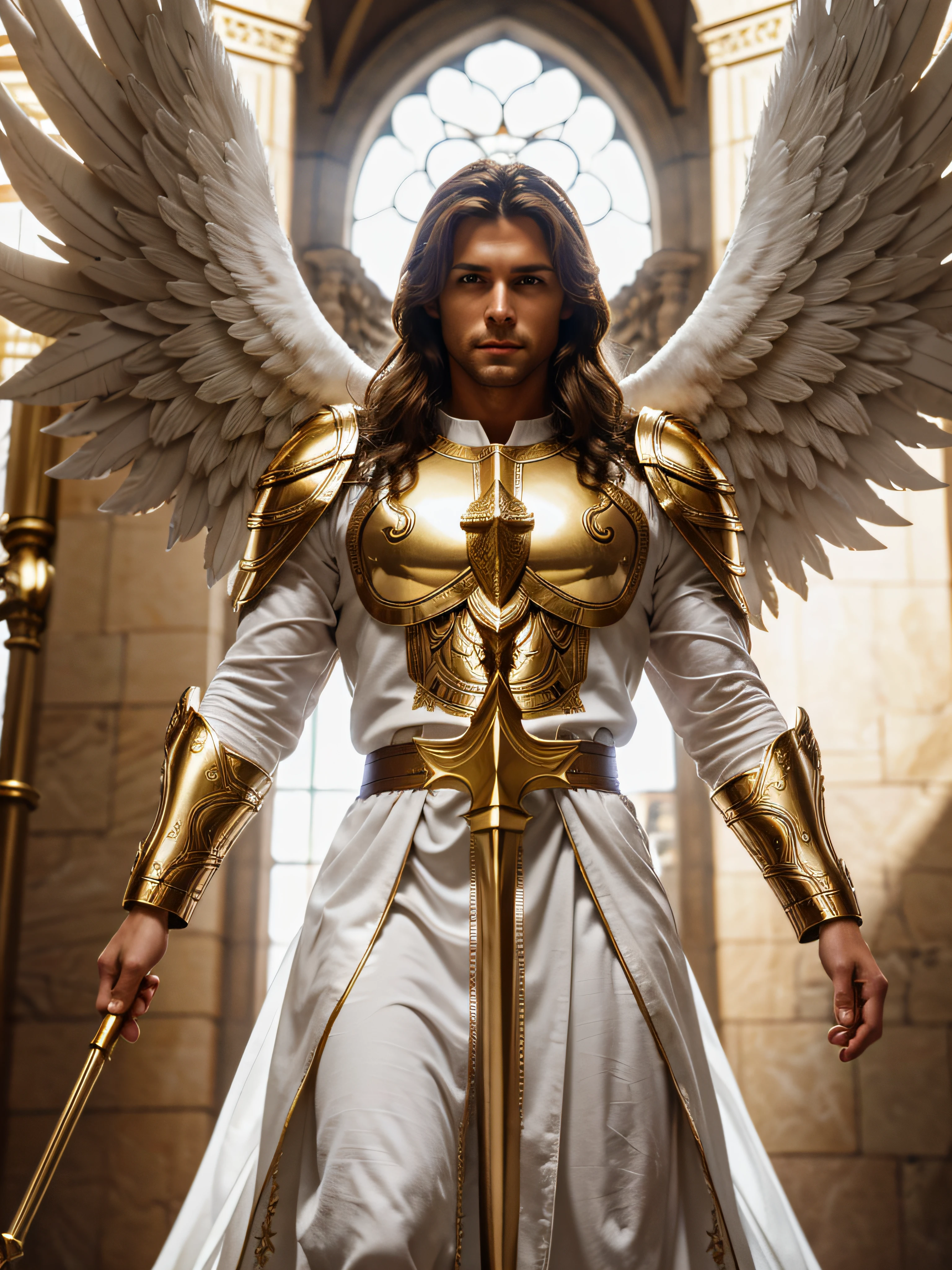 St. Michael the Archangel as Guardian of Heavens, handsome man face, brown hair, insanely detailed, wearing white robe with gold armor elements, Large white symetric angelic wings on his back, muscular, holding golden spear, 8K, RAW image, soft light, bokeh effect in background, majestic