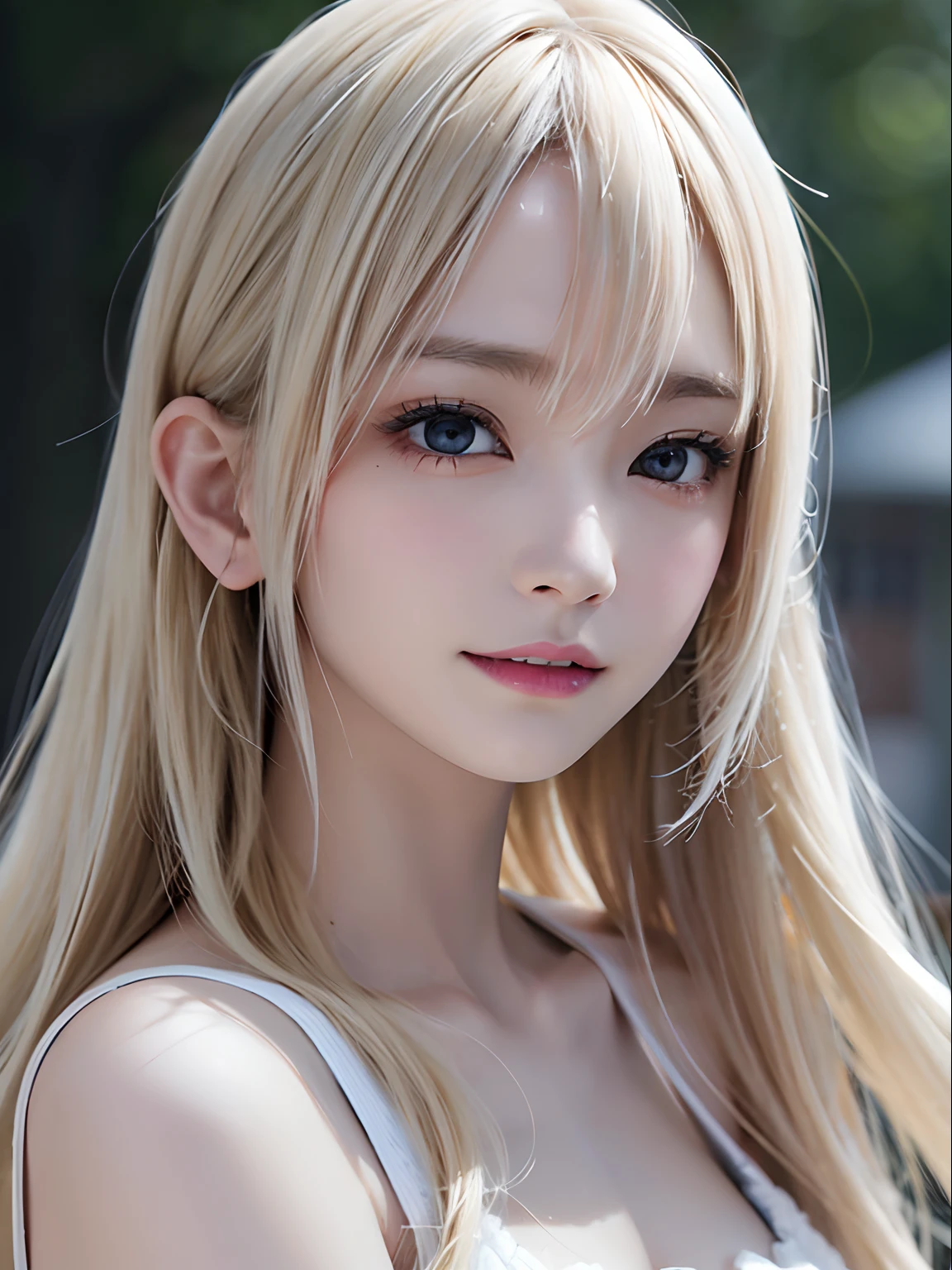 Light smile、natta、Raw photography、(((Portrait of extreme beauty)))、((glistning skin))、女の子1人、11 years old beautiful girl in Prague、((Bright platinum blonde hair))、[blue eyess]、Glossy glossy skin、Silky long straight hair、eye liner、Long bangs、Hair between the eyes、Fluttering hair、((​masterpiece、top-quality、ultra-detailliert、Film Light、intricate-detail、hight resolution、8K、ighly detailed))、细致背景、8K UHD、Digital SLR、Soft light、hightquality、Film grain、FujifilmXT3 、Shallow depth of field、natural soft light、（No hands）、Kamimei、Sareme、Show double teeth