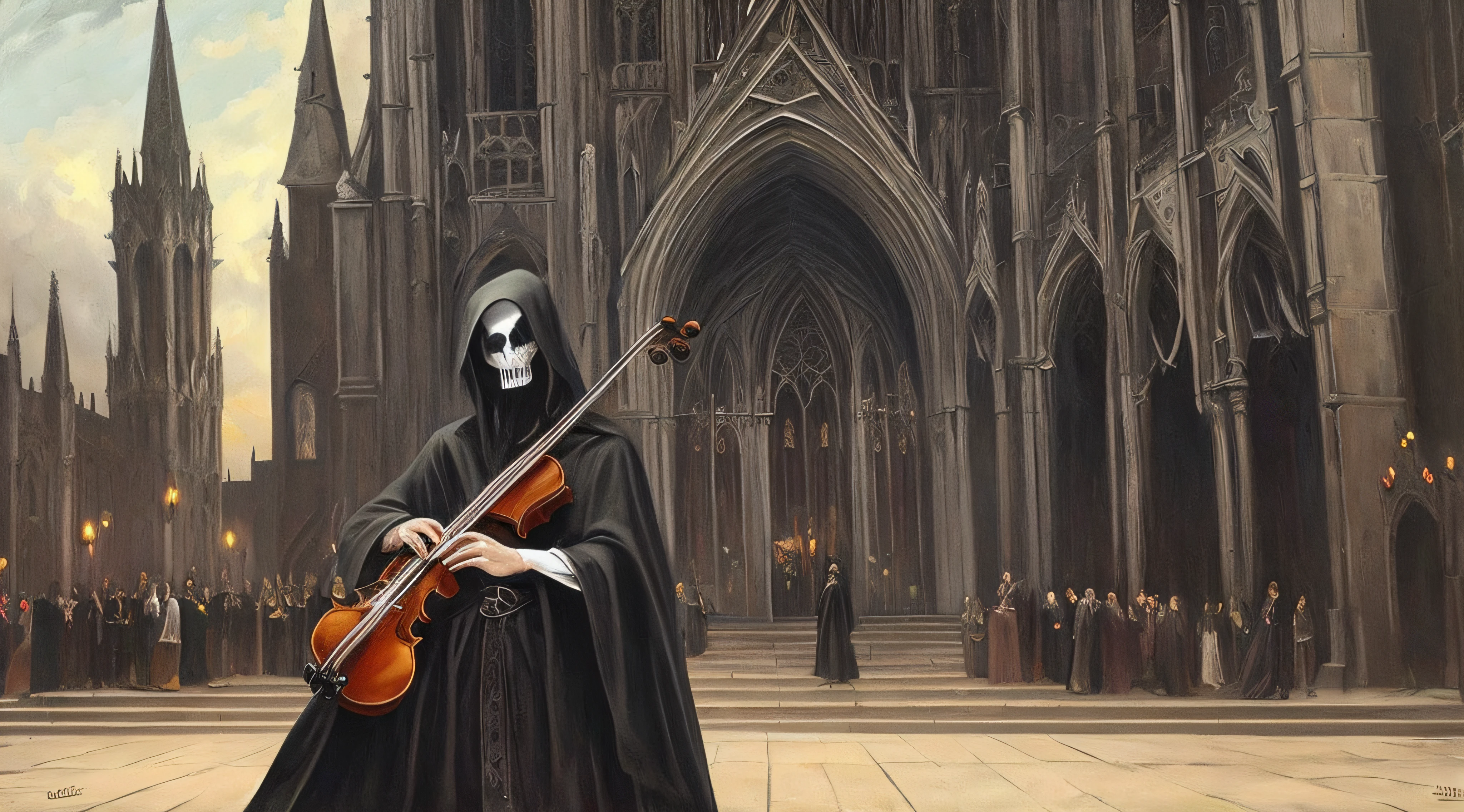 grim reaper, death, plays violin, dancing souls, gothic atmosphere, dark, gloomy, cathedral background, oil painting, medieval