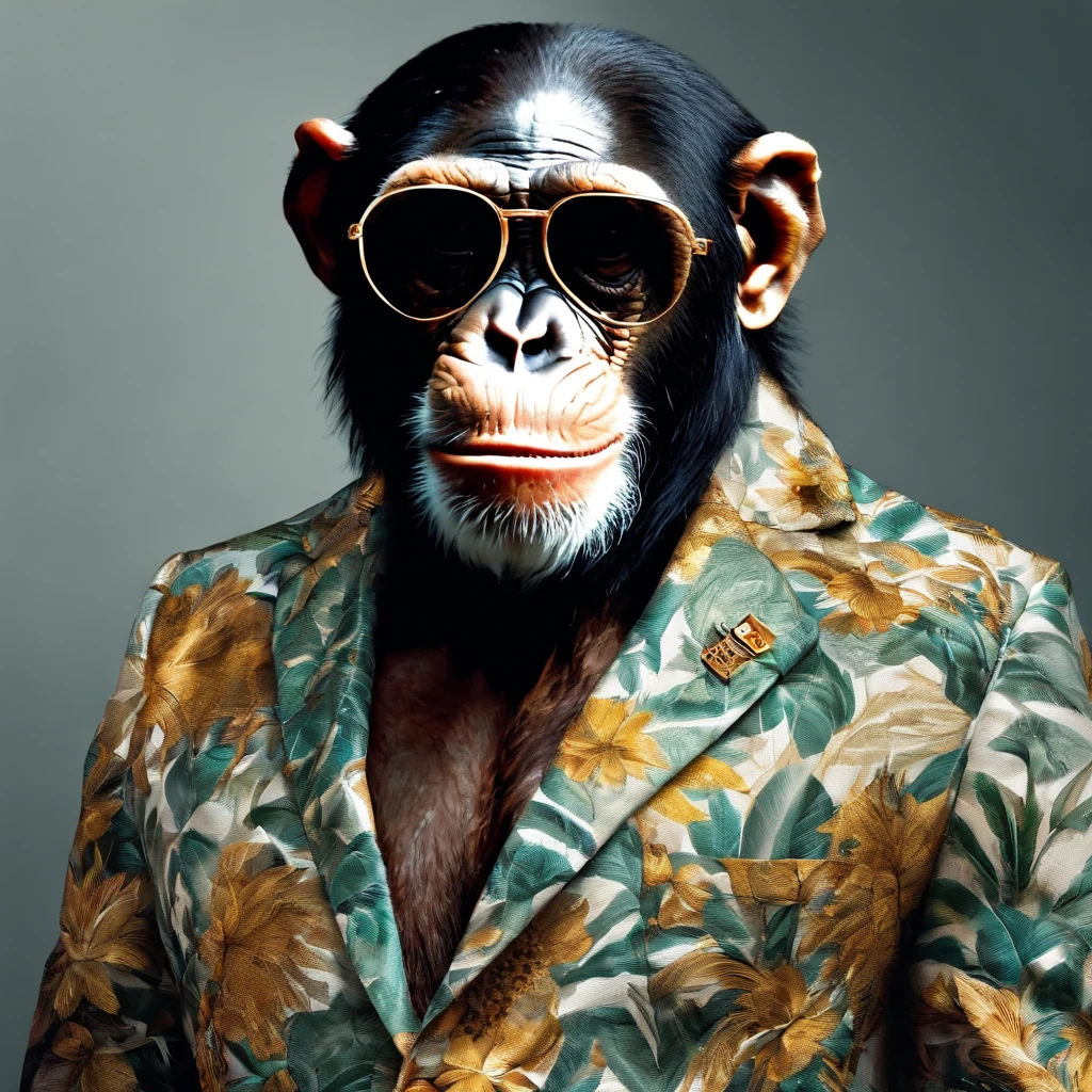 Perfect centralization, chimp, wearing a jacket，vidros de vidro，Rosa da flor, wearing sunglasses, alegria, Standing position, beleza abstrata, Centrado, looking at the camera, Facing the camera, nearing perfection, Dynamic, altamente detalhado, liso, foco nítido, 8k, high-definition resolution, illustration, arte de Carne Griffiths e Wadim Kashin, fundo branco