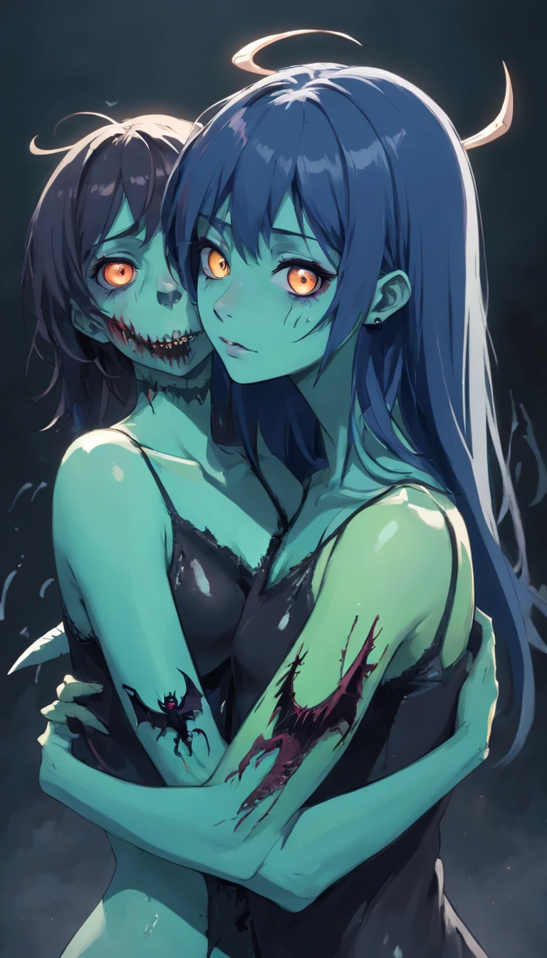 obra-prima inspirada em hellraiser, h. P. Lovecraft e Evil Dead 2013, realista de corpo inteiro ((corpo duro perfurado)) Photograph of two young zombie evil skinny female, No clothes skinny skinny young two evil zombie female with hard body pierced ((Two skinny young young zombie evil female, corpo inteiro perfurado)), decomposition, Dark black liquid of the decomposing body, 12k resolution, Full body of two cute cute young skinny scary scary evil zombie female psycho monster bat young girl with bright translucent pale ghostly dark evil skin zombie hugging close without clothes decaying black-blue liquid body with piercing, very intricate facepaint scary bodypaint full pierced with dark liquid out, Detailed bright ghostly dark liquid coming out of the eyes, louco brilhante zumbi mal magra emo, cabelo escuro azul claro e verde claro, e o mal assustador perverso sorriso azul, cena sombria escura em casa assombrada muito assustadora, ultra-detalhado, ((arte sombria)), Pântano of horror, whole body view, head to toe, UhD