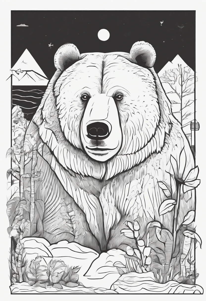 Zoo animals,bear, cartoon style, line drawing background, white background, monochrome, line drawing, ((sketch)), for coloring