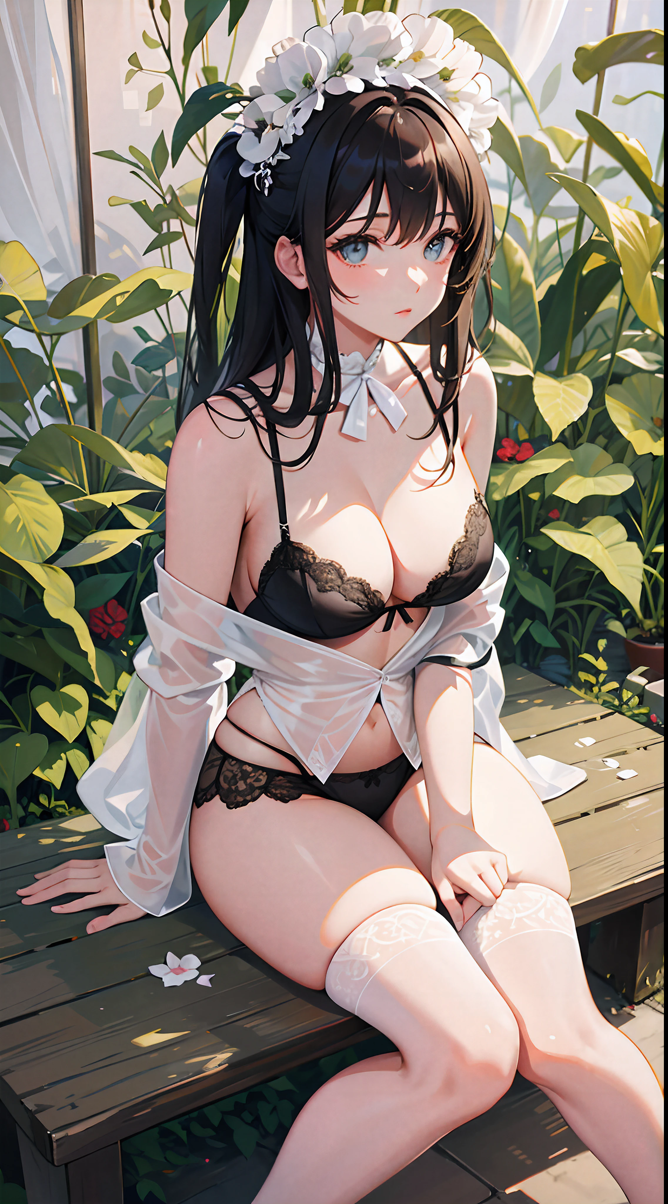 a beauti，wearing white lace lingerie，Big chest，exposing thighs，Perfect hands，is shy