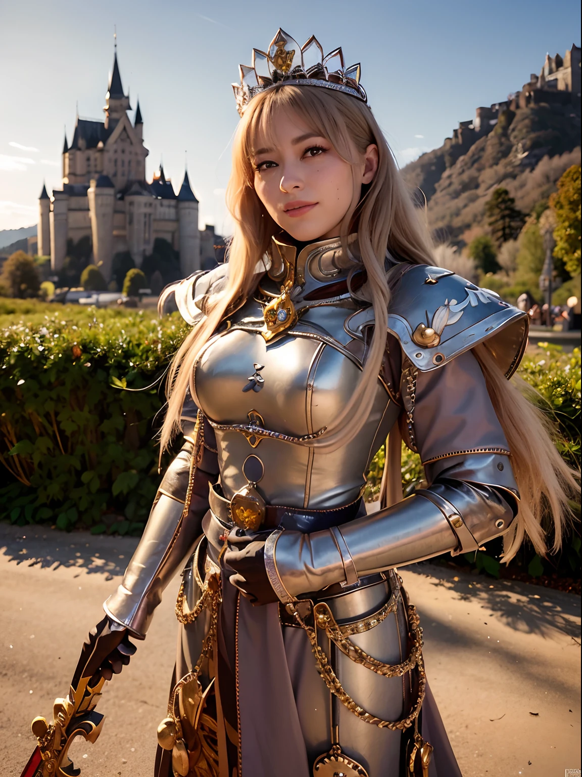 (masutepiece), professionnel , tmasterpiece、premier quality、Realistic photos , profondeur de champs （Gemstone silver metal body:1.９),(Blanc mat、Arme en or bijou、（Beautiful background of the castle）、（Jewel metal body:1.４),Beautiful jewel metal weapons , Detailed Sword of the Brave ,（ Soldier Experience in Metal Armor）   ,Warhammer 40k , Adepta Sooritas,Detail and crown of ornate jewelry、solo、cheveux bruns、（The forest background of Gangle）、Beautiful Caucasian beauty、１une personne、Dynamique,(((Diamond tiara with detail and luxury)))、un petit visage、un sourire、Poses puissantes、（Beautiful background of the castle）、huge file size、20 ans belle femme、Stand in the center of the screen、Fine feminine fingers、cheveux longs raides、Beautiful Caucasian beauty、