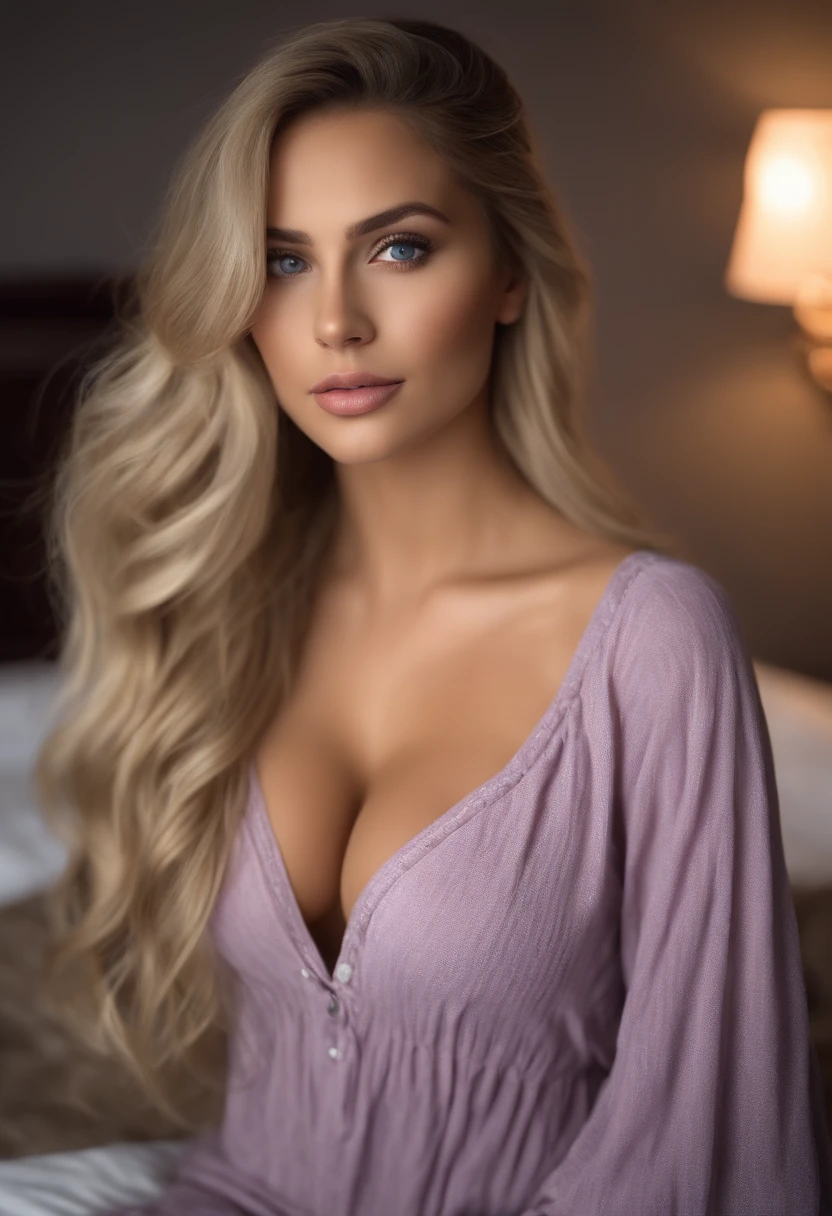 latina woman, sexy girl with blue eyes, ultra realistic, meticulously detailed, portrait, blonde hair and large eyes, selfie of a young woman, bedroom eyes, violet myers, without makeup, natural makeup, looking directly at the camera, face with artgram, subtle makeup, stunning full body shot kneeling on bed, in bedroom, medium to huge large size busty and big ass,karibean nose