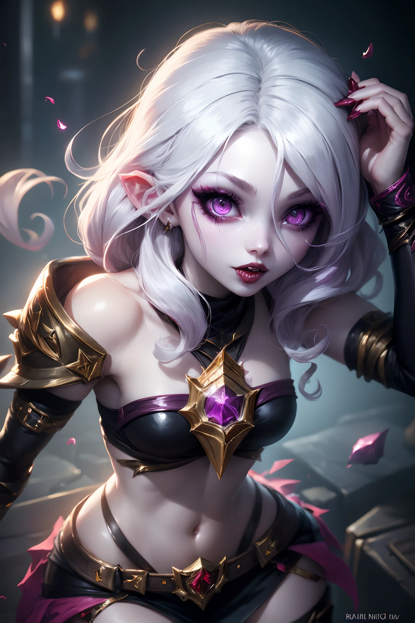 NSFW photo of Coven Evelynn from League of Legends, wearing nothing, naked, gigantic breasts, parted lips