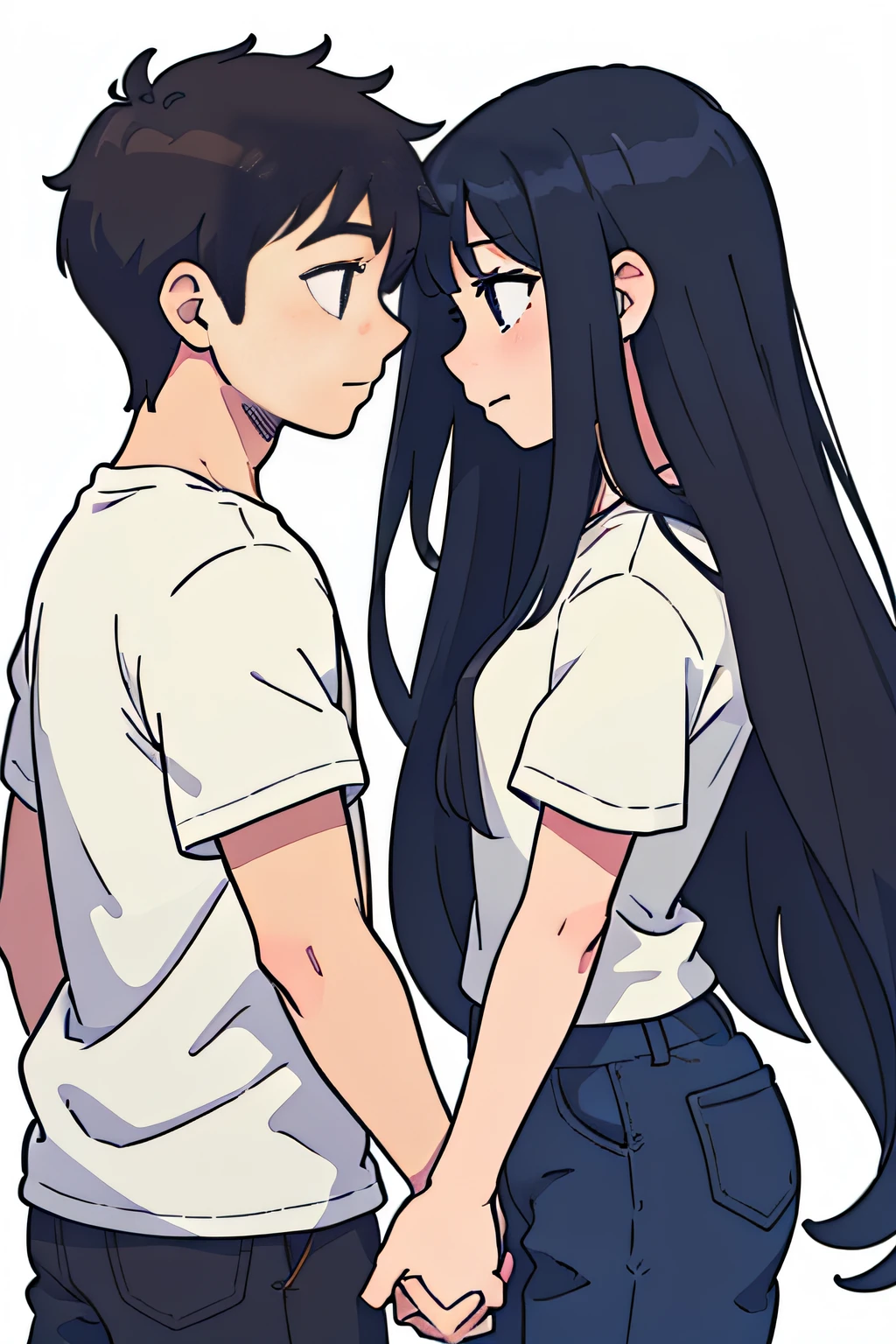 (best-quality:0.8), (best-quality:0.8), perfect anime illustration, side view, webtoon style, simple color simple illustration, girl and guy standing in front , looking at each other, guy touching girls hair ,view from the side